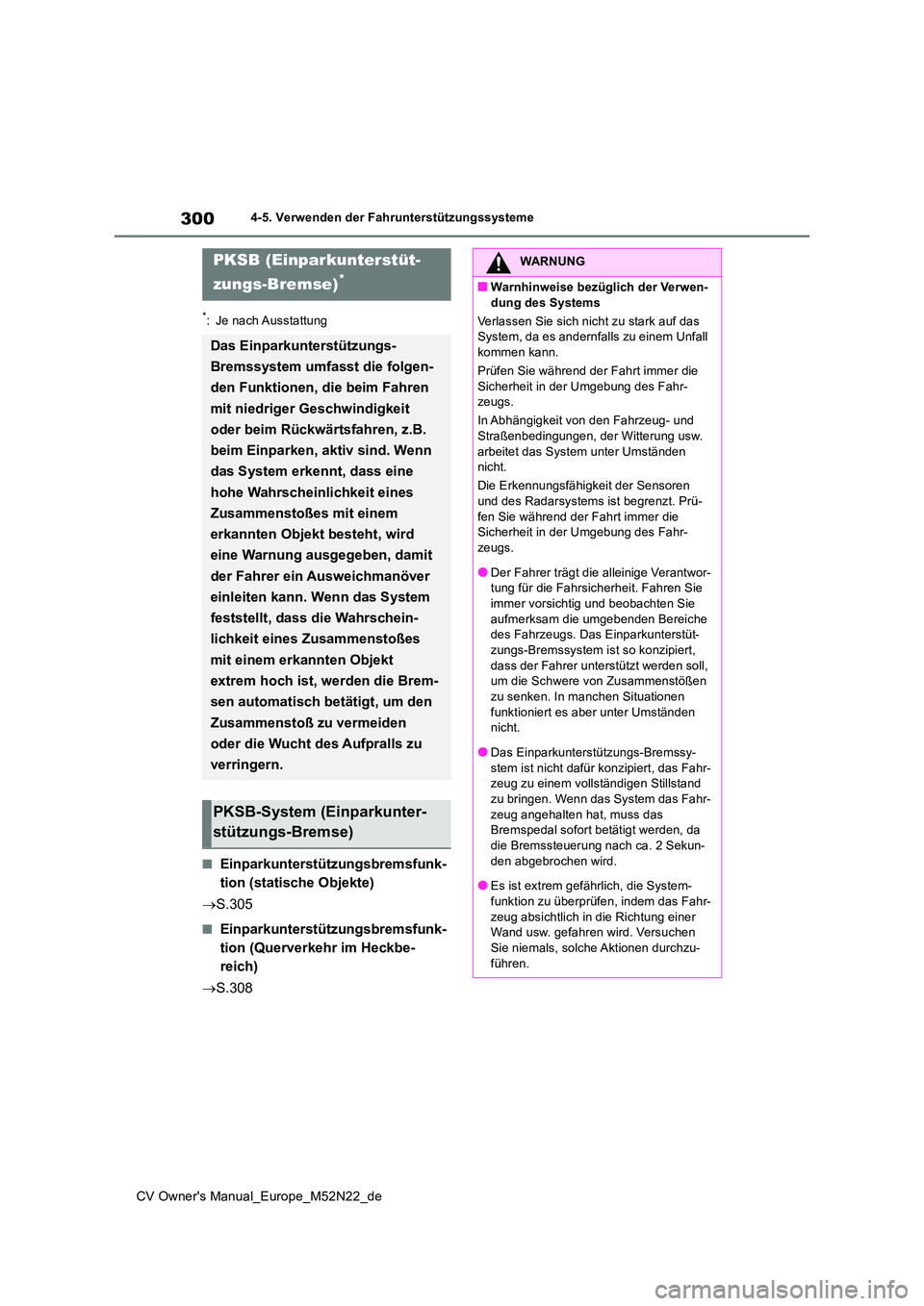 TOYOTA YARIS CROSS 2022  Betriebsanleitungen (in German) 300
CV Owner's Manual_Europe_M52N22_de
4-5. Verwenden der Fahrunterstützungssysteme
*: Je nach Ausstattung
■Einparkunterstützungsbremsfunk- 
tion (statische Objekte) 
 S.305
■Einparkunter