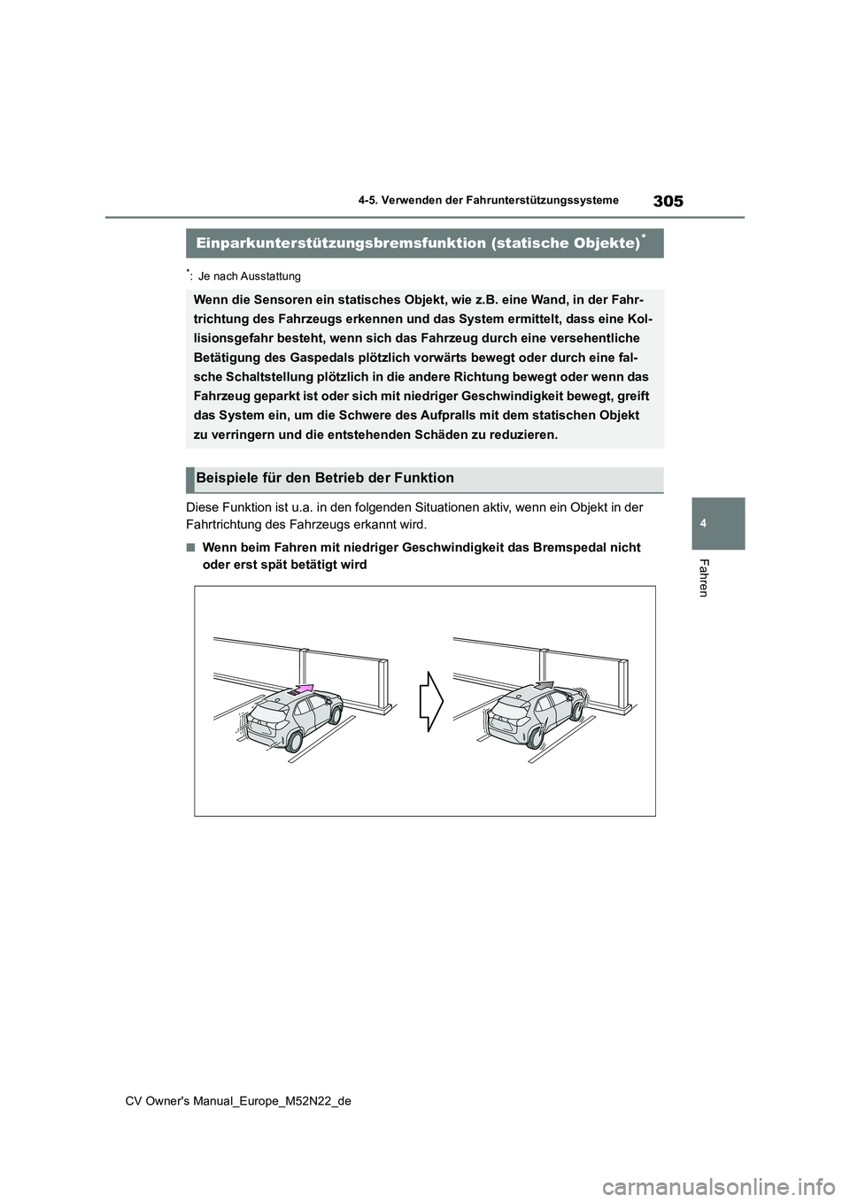 TOYOTA YARIS CROSS 2022  Betriebsanleitungen (in German) 305
4
CV Owner's Manual_Europe_M52N22_de
4-5. Verwenden der Fahrunterstützungssysteme
Fahren
*: Je nach Ausstattung
Diese Funktion ist u.a. in den folgenden Situationen aktiv, wenn ein Objekt in 