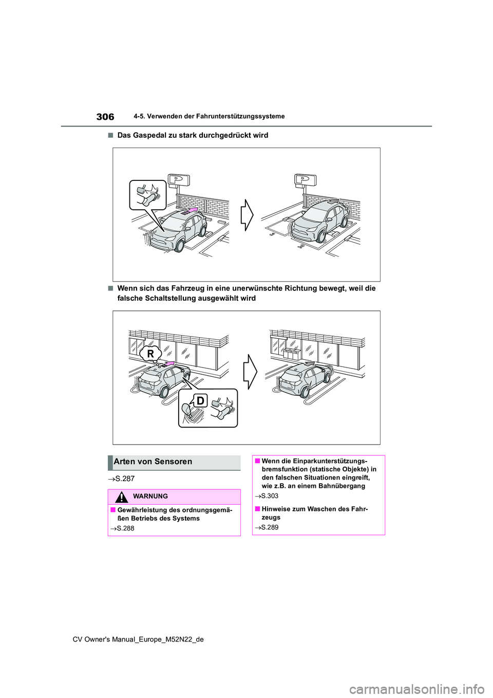 TOYOTA YARIS CROSS 2022  Betriebsanleitungen (in German) 306
CV Owner's Manual_Europe_M52N22_de
4-5. Verwenden der Fahrunterstützungssysteme
■Das Gaspedal zu stark durchgedrückt wird
■Wenn sich das Fahrzeug in eine unerwünschte Richtung bewegt, w