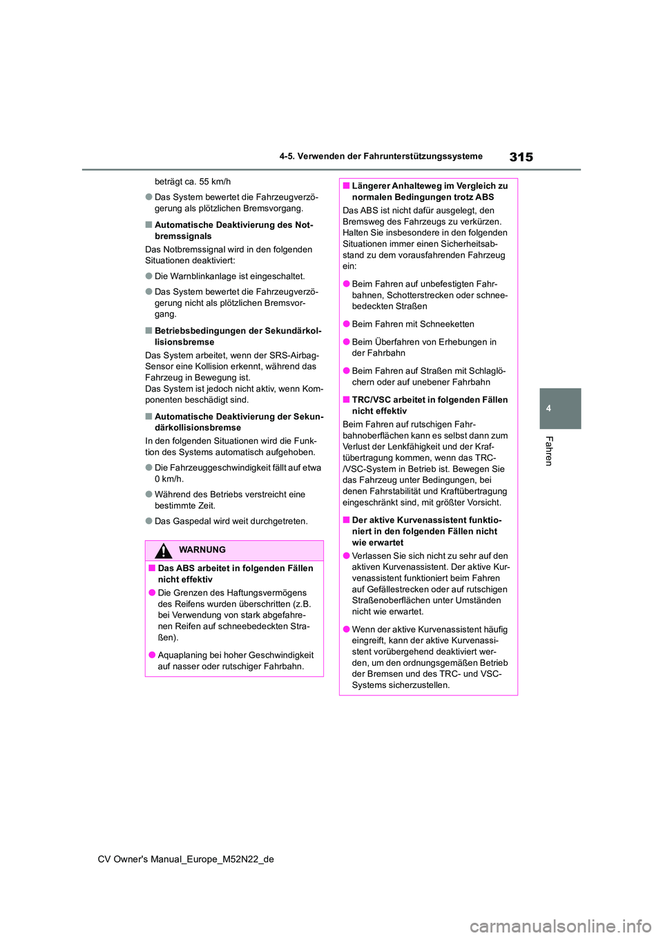 TOYOTA YARIS CROSS 2022  Betriebsanleitungen (in German) 315
4
CV Owner's Manual_Europe_M52N22_de
4-5. Verwenden der Fahrunterstützungssysteme
Fahren
beträgt ca. 55 km/h
●Das System bewertet die Fahrzeugverzö- 
gerung als plötzlichen Bremsvorgang.