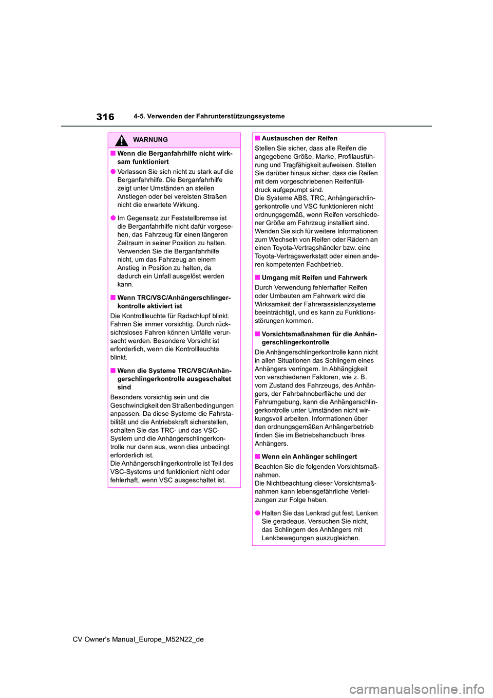 TOYOTA YARIS CROSS 2022  Betriebsanleitungen (in German) 316
CV Owner's Manual_Europe_M52N22_de
4-5. Verwenden der Fahrunterstützungssysteme
WARNUNG
■Wenn die Berganfahrhilfe nicht wirk- 
sam funktioniert
●Verlassen Sie sich nicht zu stark auf die 