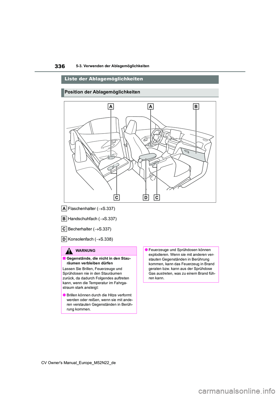 TOYOTA YARIS CROSS 2022  Betriebsanleitungen (in German) 336
CV Owner's Manual_Europe_M52N22_de
5-3. Verwenden der Ablagemöglichkeiten
5-3.Verwende n d er Ab lag emöglic hkeite n
Flaschenhalter (S.337) 
Handschuhfach ( S.337) 
Becherhalter ( 