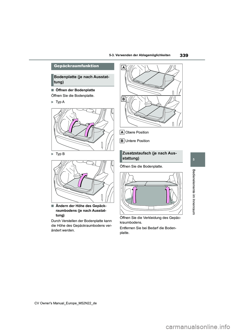 TOYOTA YARIS CROSS 2022  Betriebsanleitungen (in German) 339
5
CV Owner's Manual_Europe_M52N22_de
5-3. Verwenden der Ablagemöglichkeiten
Bedienelemente im Innenraum
■Öffnen der Bodenplatte 
Öffnen Sie die Bodenplatte.
Ty p  A
Ty p   B
■Änd