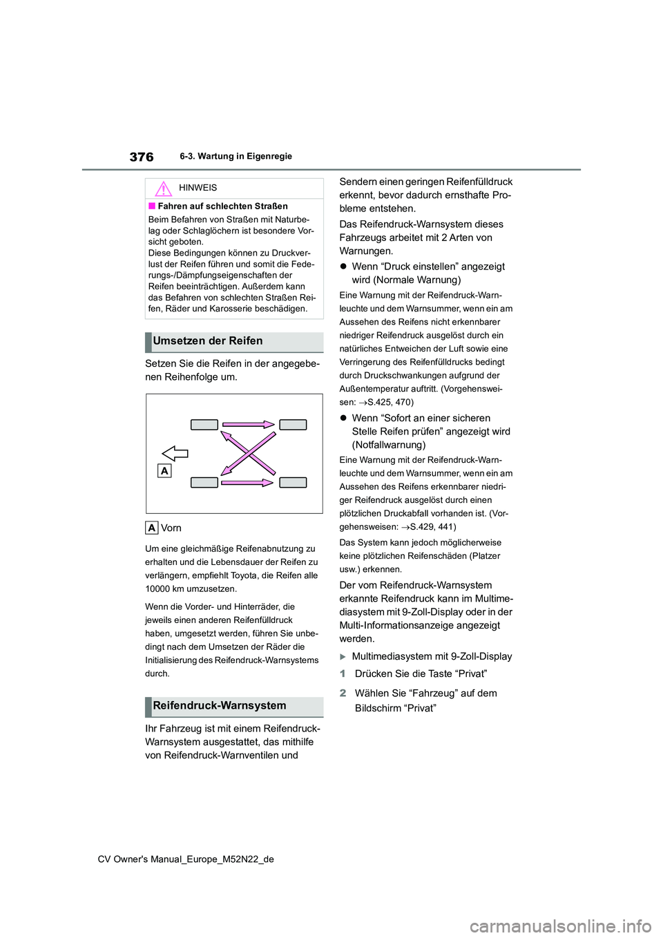 TOYOTA YARIS CROSS 2022  Betriebsanleitungen (in German) 376
CV Owner's Manual_Europe_M52N22_de
6-3. Wartung in Eigenregie
Setzen Sie die Reifen in der angegebe- 
nen Reihenfolge um. 
Vo r n
Um eine gleichmäßige Reifenabnutzung zu  
erhalten und die L