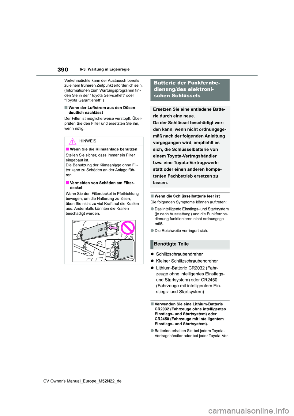 TOYOTA YARIS CROSS 2022  Betriebsanleitungen (in German) 390
CV Owner's Manual_Europe_M52N22_de
6-3. Wartung in Eigenregie 
Verkehrsdichte kann der Austausch bereits  zu einem früheren Zeitp unkt erforderlich sein.  (Informationen zum Wartungsprogramm 