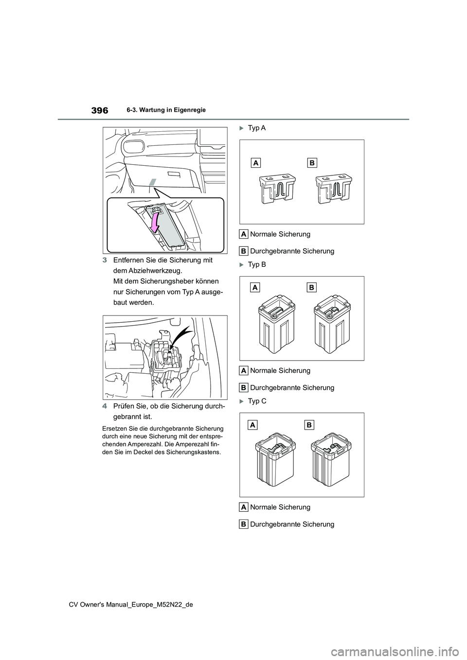 TOYOTA YARIS CROSS 2022  Betriebsanleitungen (in German) 396
CV Owner's Manual_Europe_M52N22_de
6-3. Wartung in Eigenregie
3Entfernen Sie die Sicherung mit  
dem Abziehwerkzeug. 
Mit dem Sicherungsheber können  
nur Sicherungen vom Typ A ausge- 
baut w