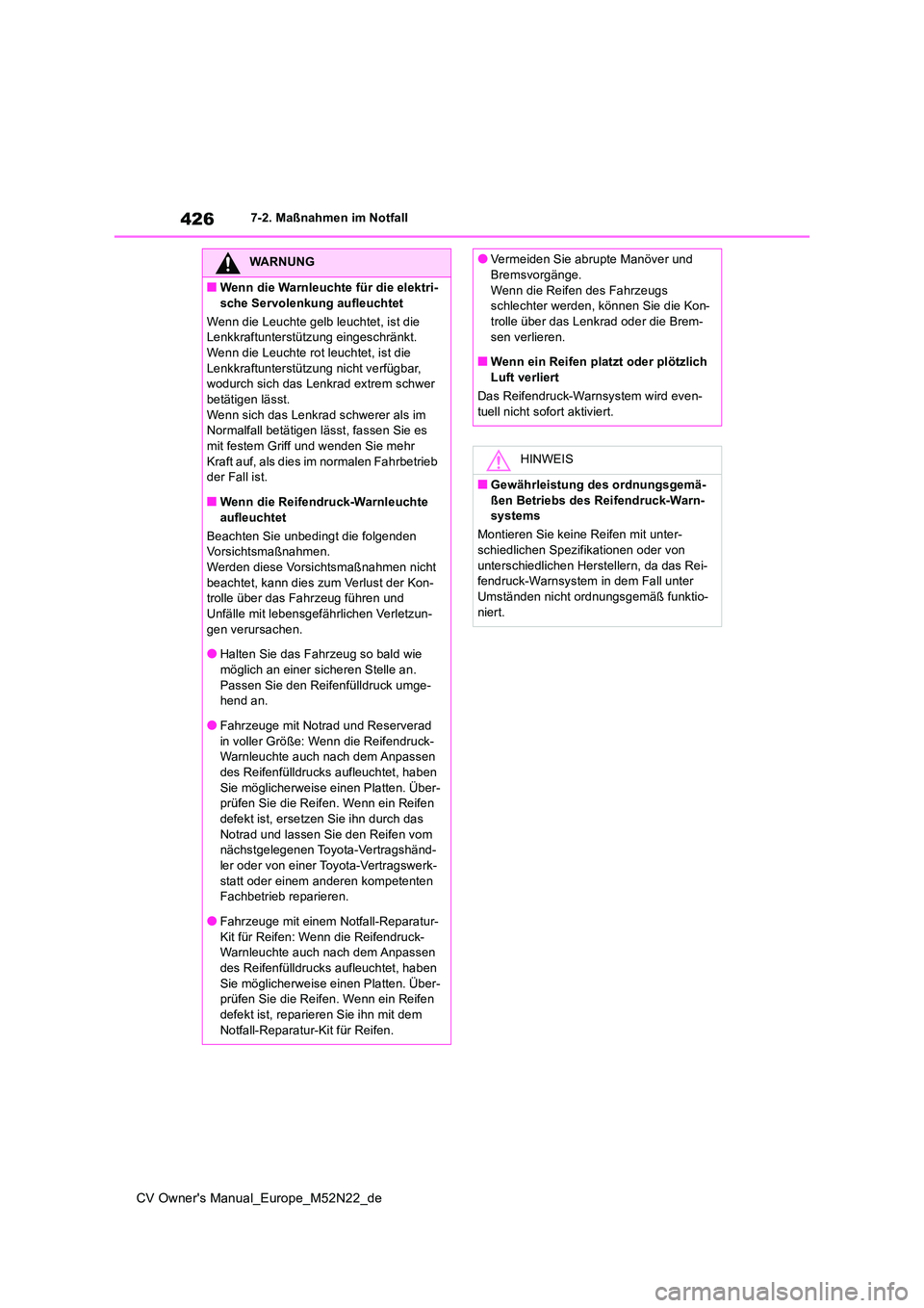 TOYOTA YARIS CROSS 2022 Betriebsanleitungen (in German) 426
CV Owner's Manual_Europe_M52N22_de
7-2. Maßnahmen im Notfall
WARNUNG
■Wenn die Warnleuchte für die elektri-
sche Servolenkung aufleuchtet
Wenn die Leuchte gelb leuchtet, ist die Lenkkra TOYOTA YARIS CROSS 2022 Betriebsanleitungen (in German) 426
CV Owner's Manual_Europe_M52N22_de
7-2. Maßnahmen im Notfall
WARNUNG
■Wenn die Warnleuchte für die elektri-
sche Servolenkung aufleuchtet
Wenn die Leuchte gelb leuchtet, ist die Lenkkra
