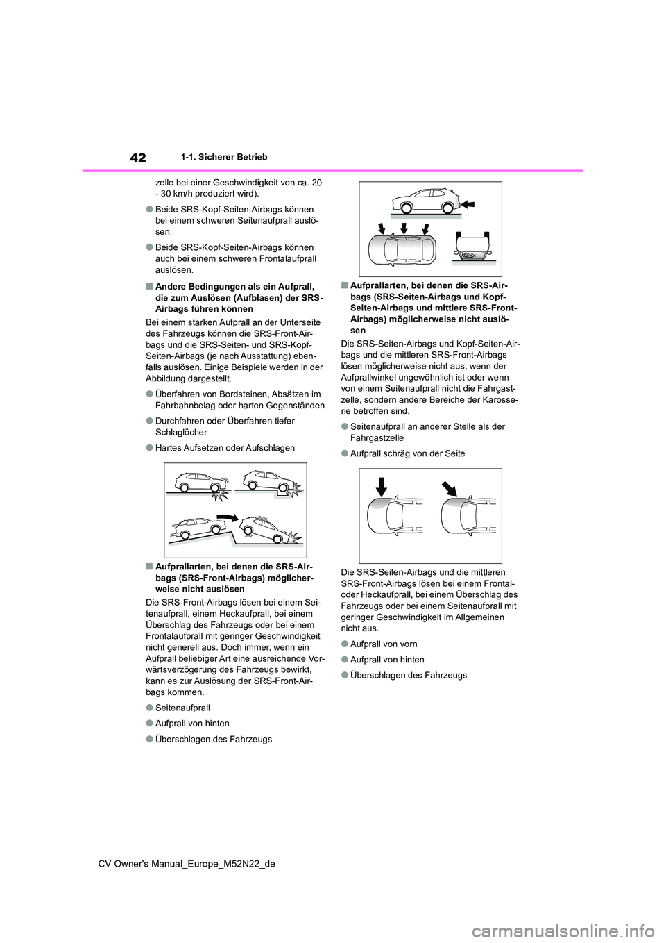 TOYOTA YARIS CROSS 2022 Betriebsanleitungen (in German) 42
CV Owner's Manual_Europe_M52N22_de
1-1. Sicherer Betrieb
zelle bei einer Geschwindigkeit von ca. 20 - 30 km/h produziert wird).
●Beide SRS-Kopf-Seiten-Airbags können bei einem schweren Sei TOYOTA YARIS CROSS 2022 Betriebsanleitungen (in German) 42
CV Owner's Manual_Europe_M52N22_de
1-1. Sicherer Betrieb
zelle bei einer Geschwindigkeit von ca. 20 - 30 km/h produziert wird).
●Beide SRS-Kopf-Seiten-Airbags können bei einem schweren Sei