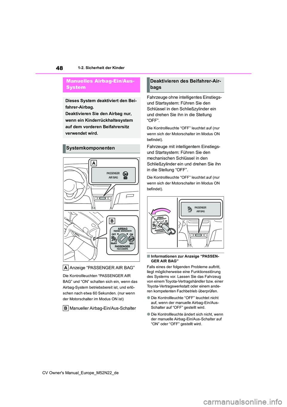 TOYOTA YARIS CROSS 2022 Betriebsanleitungen (in German) 48
CV Owner's Manual_Europe_M52N22_de
1-2. Sicherheit der Kinder
1-2.Sicherheit der Kind er
Anzeige “PASSENGER AIR BAG”
Die Kontrollleuchten “PASSENGER AIR
BAG” und “ON” schalten sic TOYOTA YARIS CROSS 2022 Betriebsanleitungen (in German) 48
CV Owner's Manual_Europe_M52N22_de
1-2. Sicherheit der Kinder
1-2.Sicherheit der Kind er
Anzeige “PASSENGER AIR BAG”
Die Kontrollleuchten “PASSENGER AIR
BAG” und “ON” schalten sic