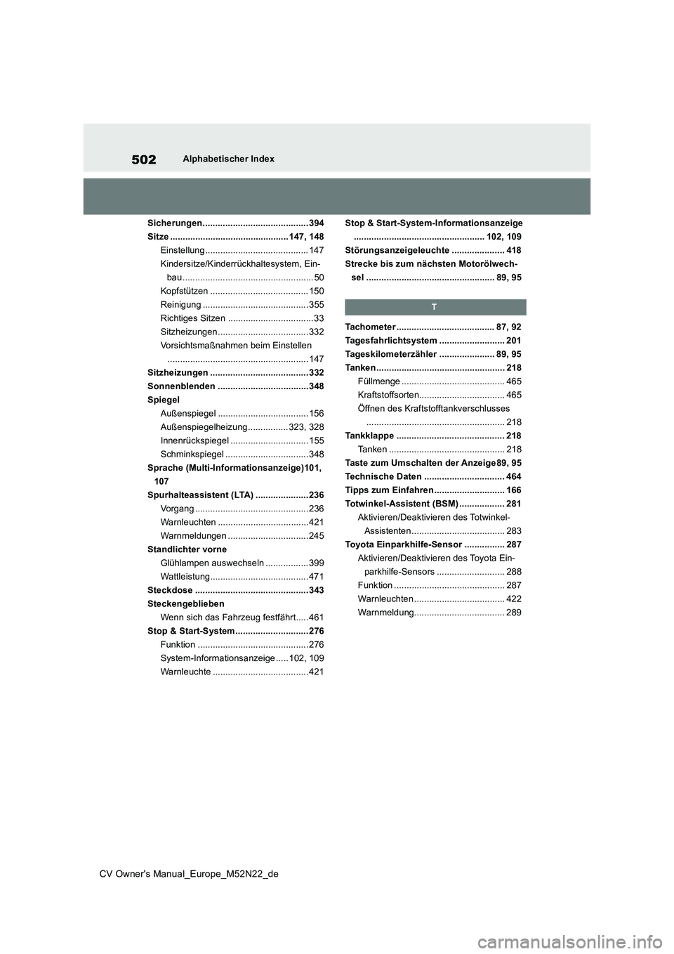 TOYOTA YARIS CROSS 2022 Betriebsanleitungen (in German) 502
CV Owner's Manual_Europe_M52N22_de
Alphabetischer Index
Sicherungen.......................................... 394
Sitze ............................................... 147, 148
Einstellung . TOYOTA YARIS CROSS 2022 Betriebsanleitungen (in German) 502
CV Owner's Manual_Europe_M52N22_de
Alphabetischer Index
Sicherungen.......................................... 394
Sitze ............................................... 147, 148
Einstellung .