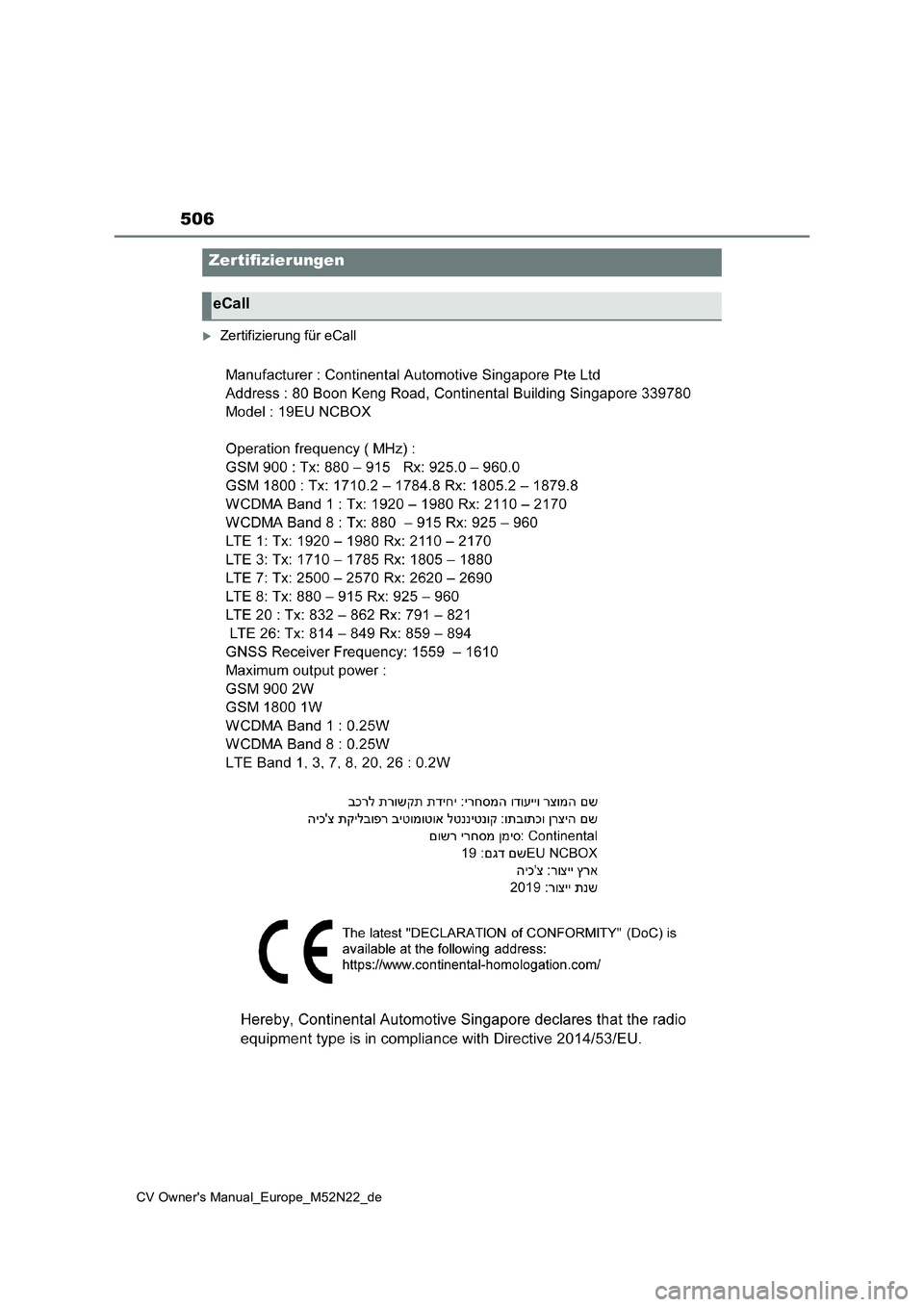 TOYOTA YARIS CROSS 2022  Betriebsanleitungen (in German) 506
CV Owner's Manual_Europe_M52N22_de
Zertifizierung für eCall
Zertifizierungen
eCall 