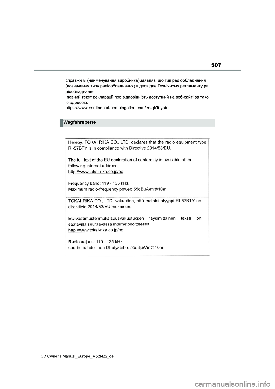 TOYOTA YARIS CROSS 2022  Betriebsanleitungen (in German) 507
CV Owner's Manual_Europe_M52N22_de
Wegfahrsperre 