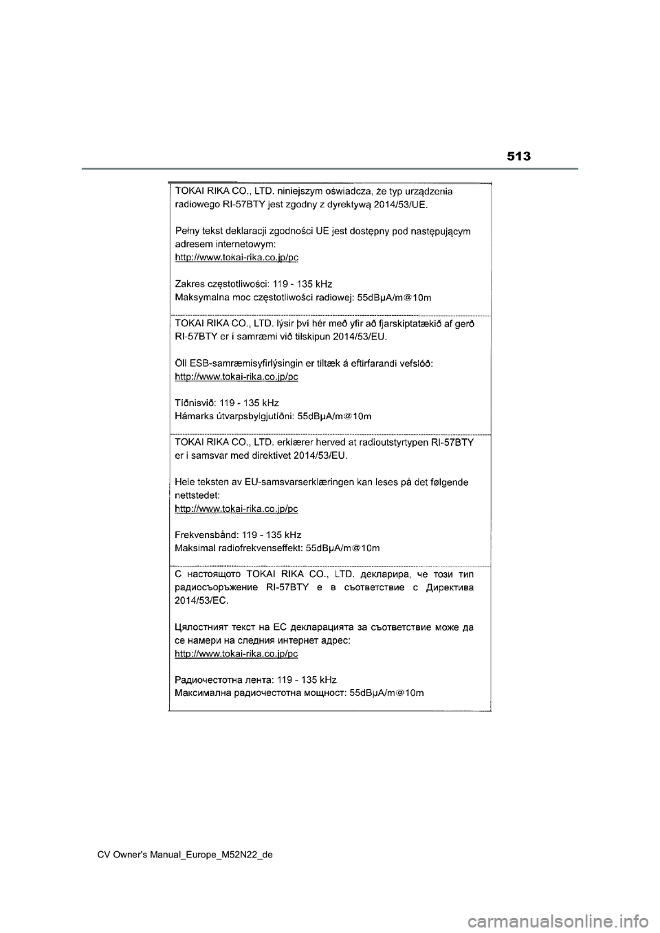 TOYOTA YARIS CROSS 2022  Betriebsanleitungen (in German) 513
CV Owner's Manual_Europe_M52N22_de 