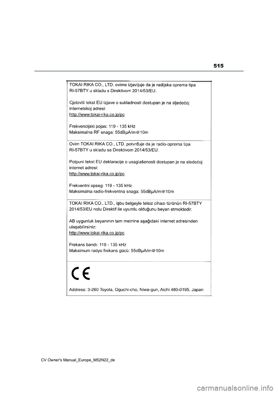 TOYOTA YARIS CROSS 2022  Betriebsanleitungen (in German) 515
CV Owner's Manual_Europe_M52N22_de 