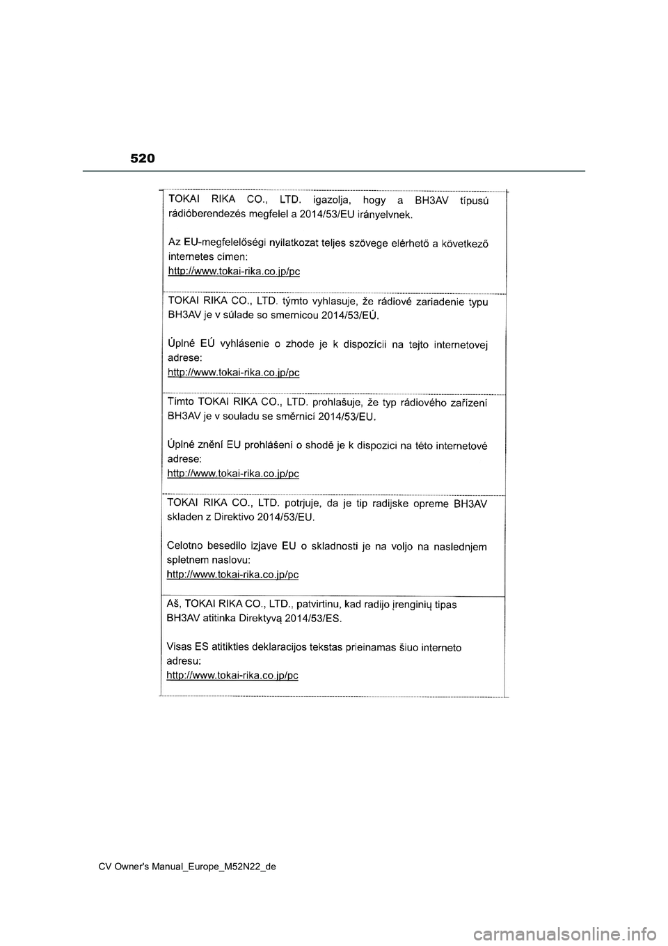 TOYOTA YARIS CROSS 2022  Betriebsanleitungen (in German) 520
CV Owner's Manual_Europe_M52N22_de 