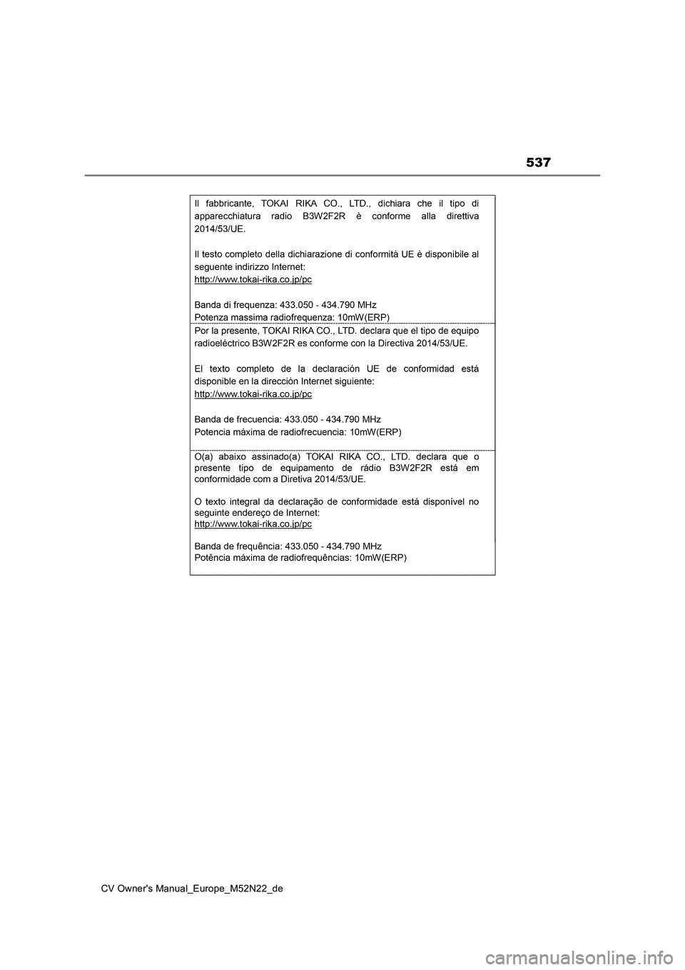 TOYOTA YARIS CROSS 2022  Betriebsanleitungen (in German) 537
CV Owner's Manual_Europe_M52N22_de 