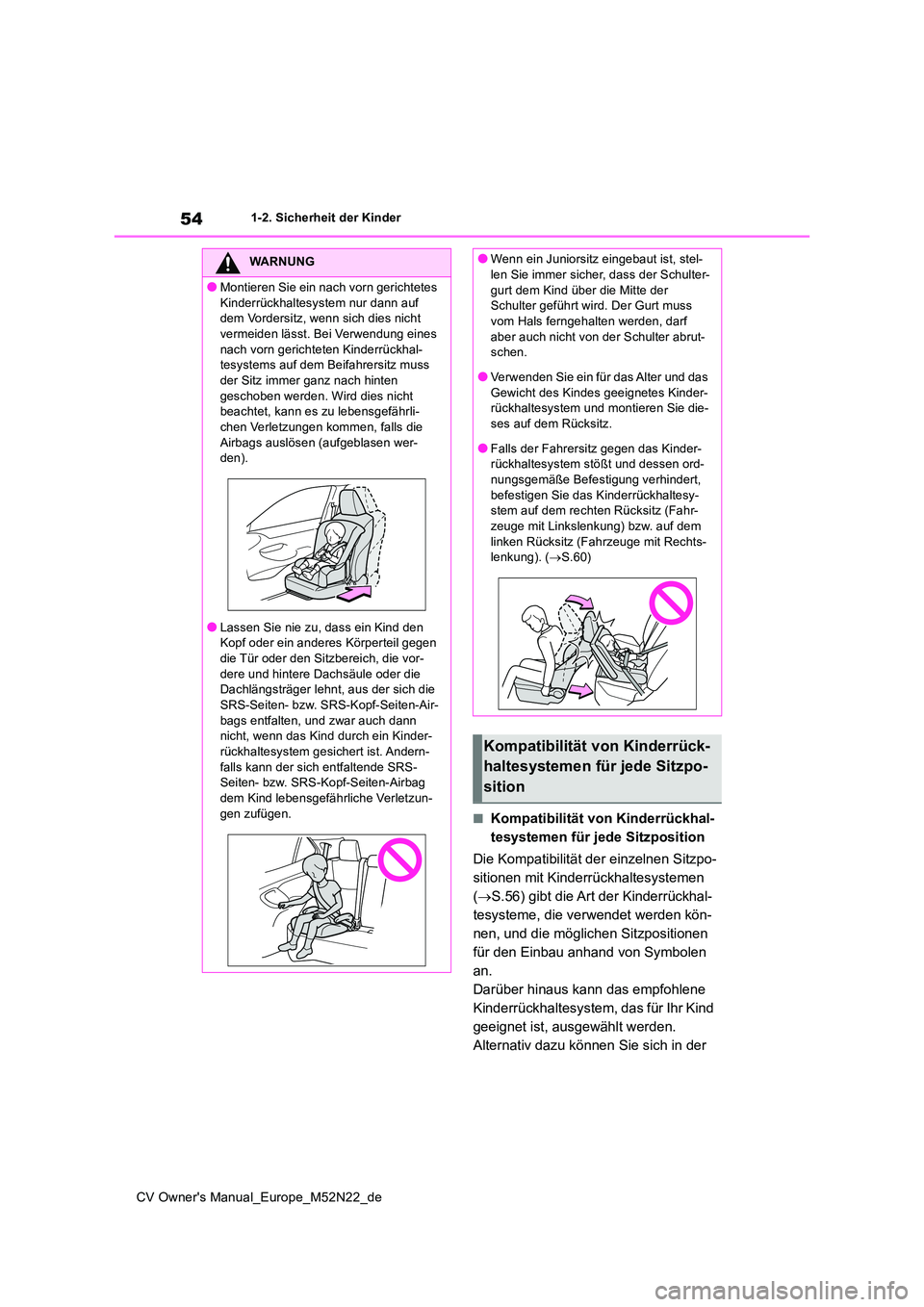 TOYOTA YARIS CROSS 2022 Betriebsanleitungen (in German) 54
CV Owner's Manual_Europe_M52N22_de
1-2. Sicherheit der Kinder
■Kompatibilität von Kinderrückhal-
tesystemen für jede Sitzposition
Die Kompatibilität der einzelnen Sitzpo-
sitionen mit TOYOTA YARIS CROSS 2022 Betriebsanleitungen (in German) 54
CV Owner's Manual_Europe_M52N22_de
1-2. Sicherheit der Kinder
■Kompatibilität von Kinderrückhal-
tesystemen für jede Sitzposition
Die Kompatibilität der einzelnen Sitzpo-
sitionen mit
