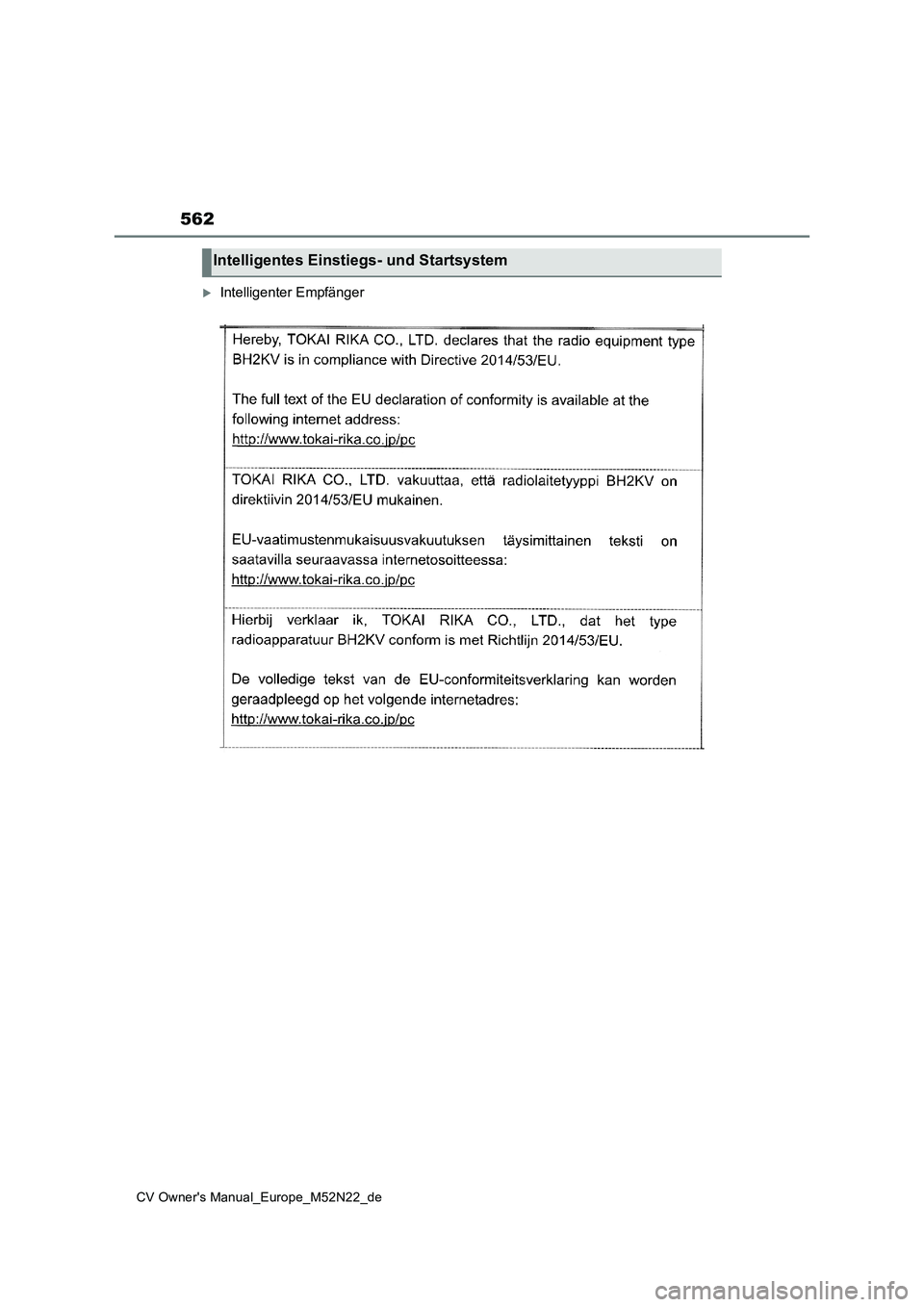 TOYOTA YARIS CROSS 2022  Betriebsanleitungen (in German) 562
CV Owner's Manual_Europe_M52N22_de
Intelligenter Empfänger
Intelligentes Einstiegs- und Startsystem 