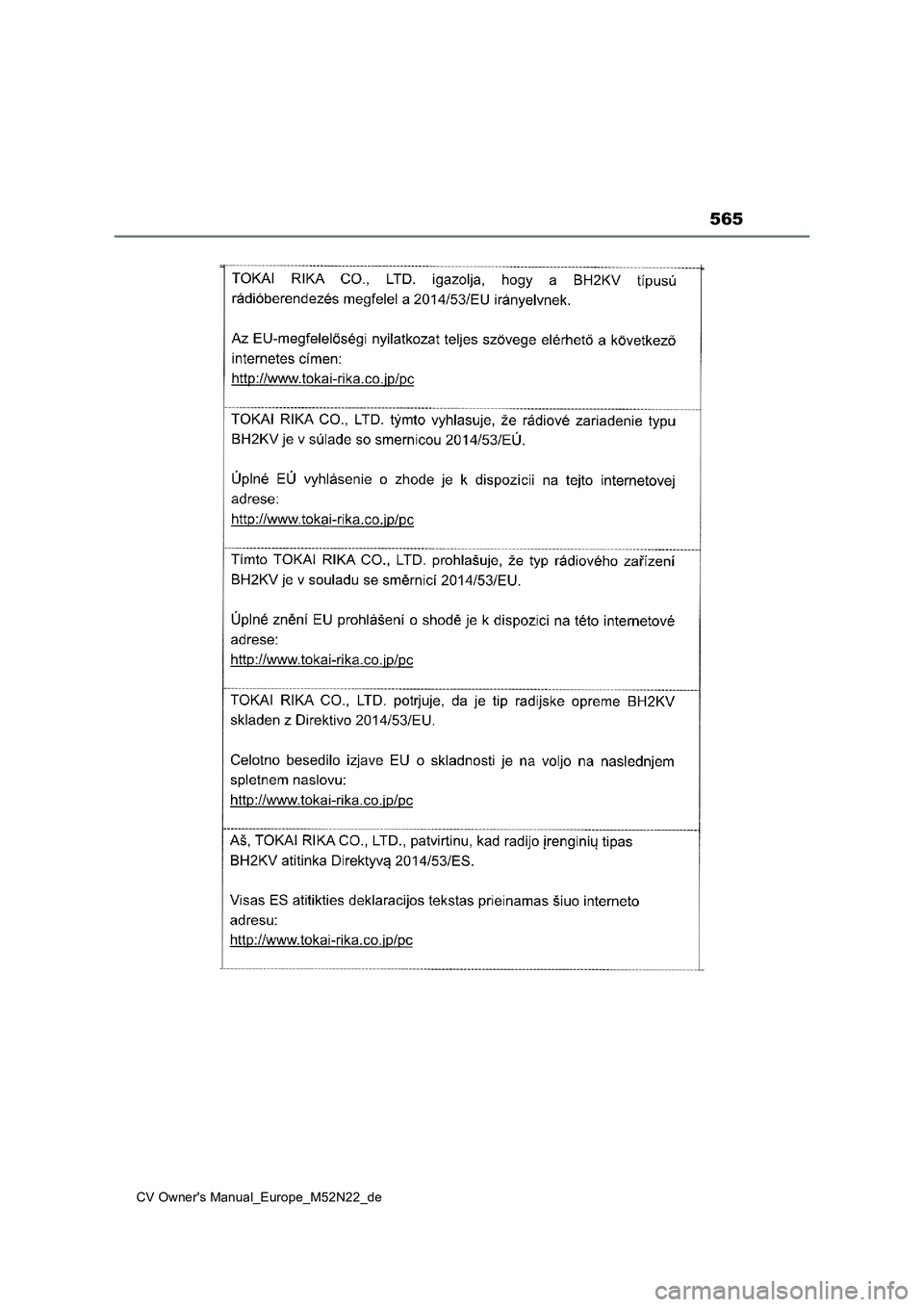 TOYOTA YARIS CROSS 2022  Betriebsanleitungen (in German) 565
CV Owner's Manual_Europe_M52N22_de 
