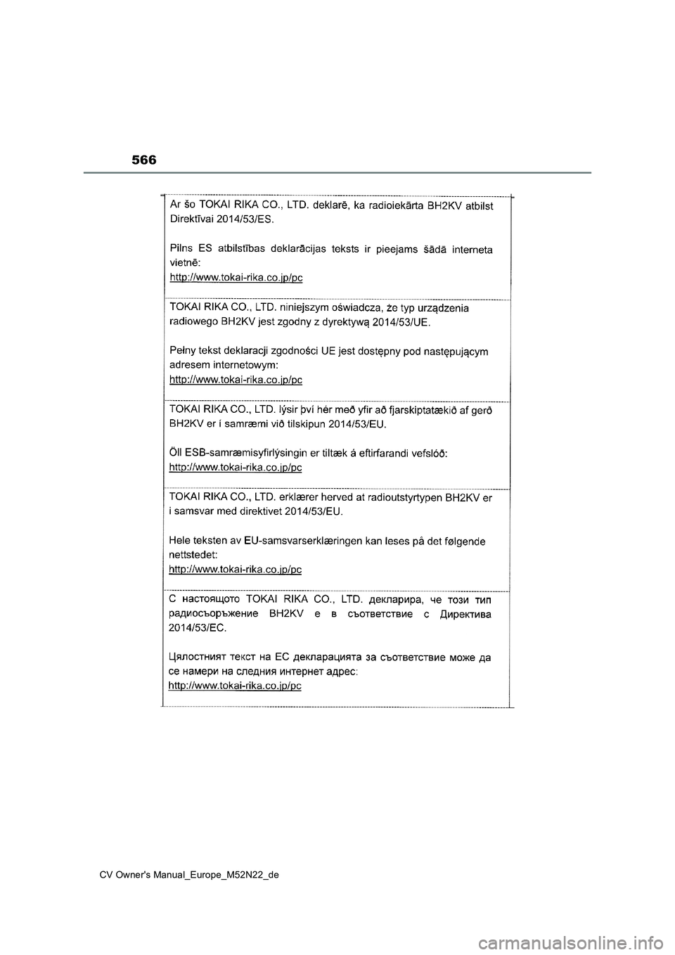 TOYOTA YARIS CROSS 2022  Betriebsanleitungen (in German) 566
CV Owner's Manual_Europe_M52N22_de 