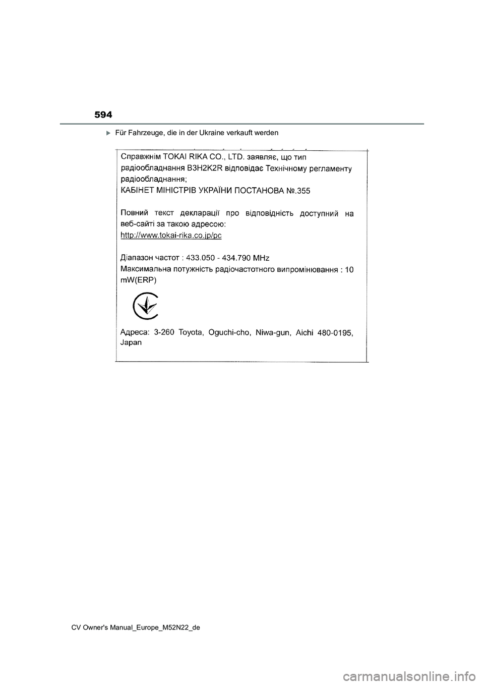 TOYOTA YARIS CROSS 2022  Betriebsanleitungen (in German) 594
CV Owner's Manual_Europe_M52N22_de
Für Fahrzeuge, die in der Ukraine verkauft werden 