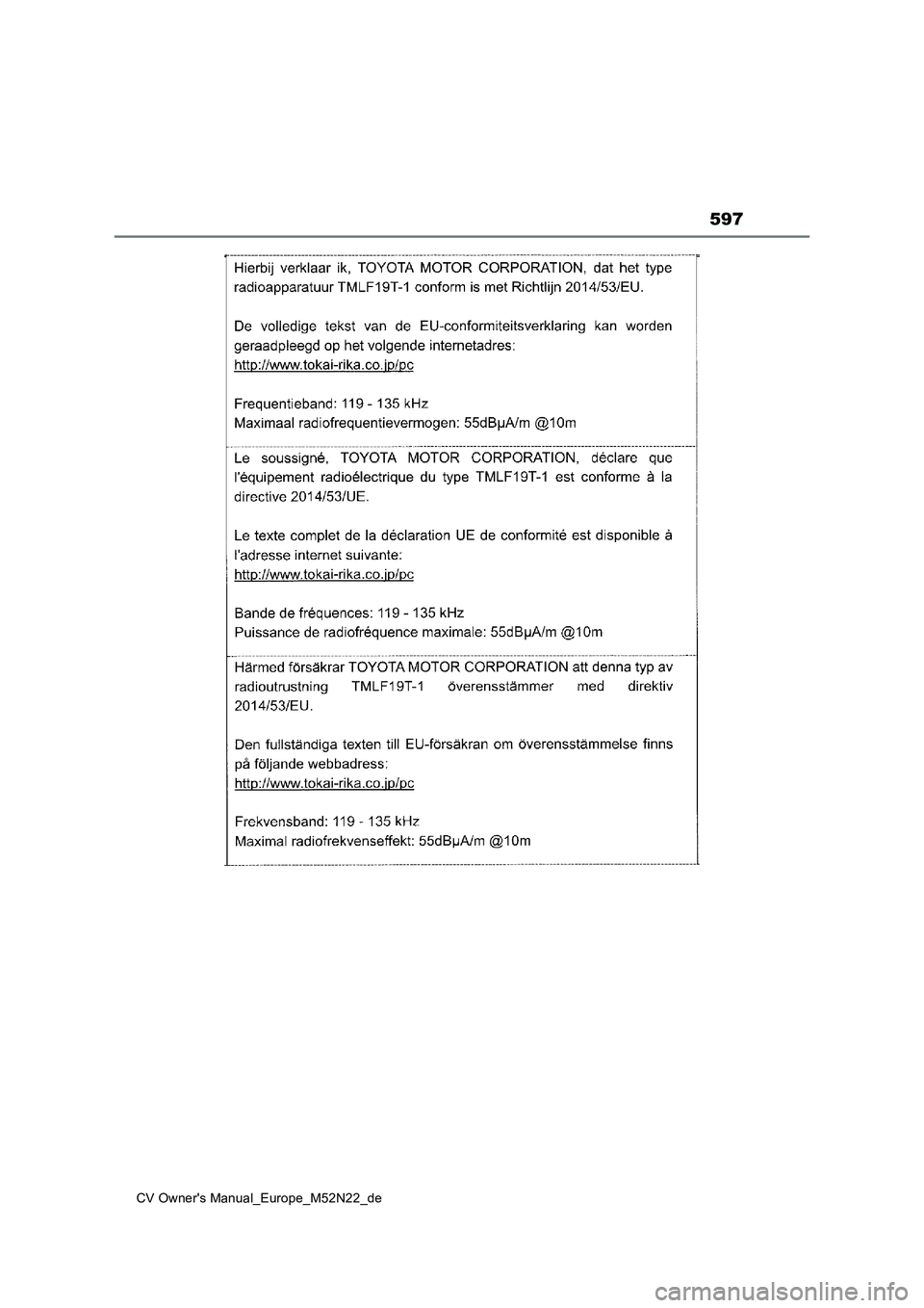 TOYOTA YARIS CROSS 2022  Betriebsanleitungen (in German) 597
CV Owner's Manual_Europe_M52N22_de 