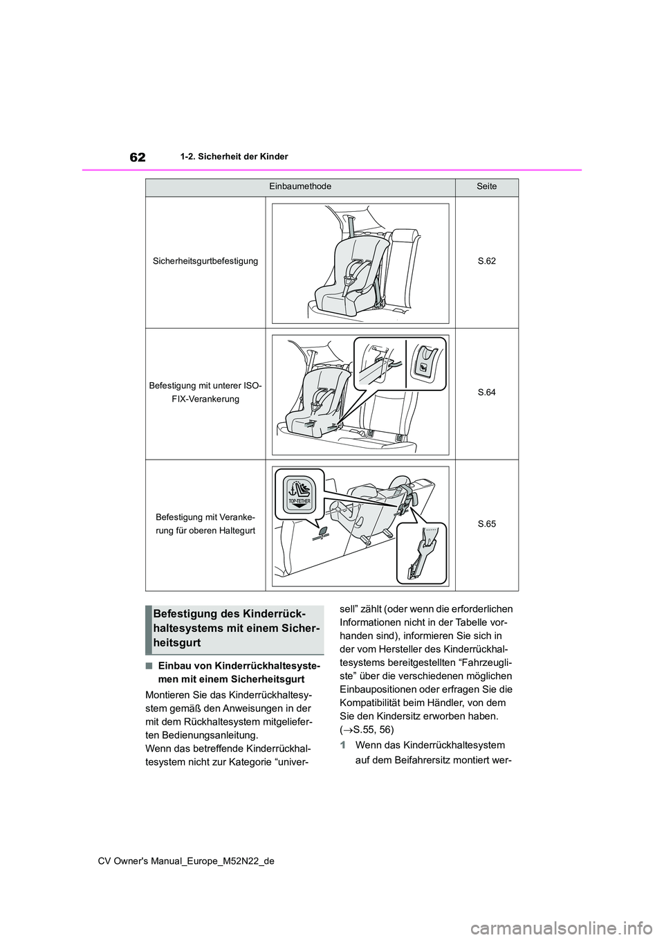 TOYOTA YARIS CROSS 2022 Betriebsanleitungen (in German) 62
CV Owner's Manual_Europe_M52N22_de
1-2. Sicherheit der Kinder
■Einbau von Kinderrückhaltesyste-
men mit einem Sicherheitsgurt
Montieren Sie das Kinderrückhaltesy-
stem gemäß den Anweis TOYOTA YARIS CROSS 2022 Betriebsanleitungen (in German) 62
CV Owner's Manual_Europe_M52N22_de
1-2. Sicherheit der Kinder
■Einbau von Kinderrückhaltesyste-
men mit einem Sicherheitsgurt
Montieren Sie das Kinderrückhaltesy-
stem gemäß den Anweis