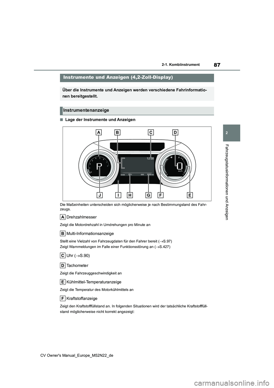 TOYOTA YARIS CROSS 2022  Betriebsanleitungen (in German) 87
2
CV Owner's Manual_Europe_M52N22_de
2-1. Kombiinstrument
Fahrzeugstatusinformationen und Anzeigen
■Lage der Instrumente und Anzeigen
Die Maßeinheiten unterscheiden sich möglicherweise je n
