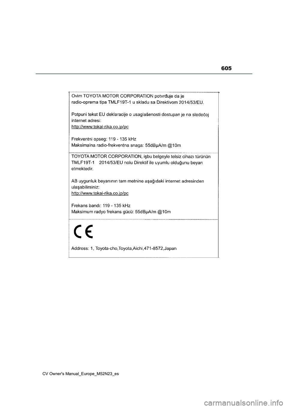 TOYOTA YARIS CROSS 2022  Manual del propietario (in Spanish) 605
CV Owner's Manual_Europe_M52N23_es 