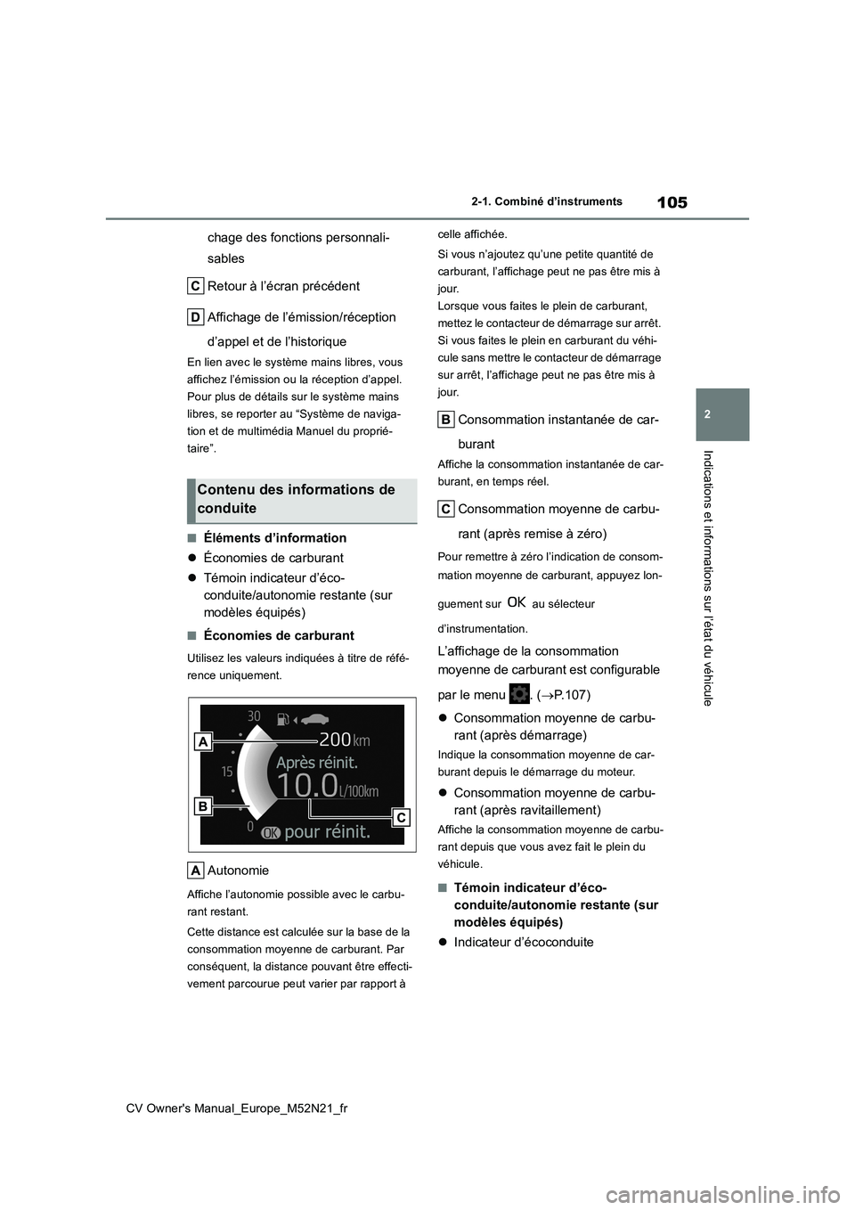 TOYOTA YARIS CROSS 2022  Manuel du propriétaire (in French) 105
2
CV Owner's Manual_Europe_M52N21_fr
2-1. Combiné d’instruments
Indications et informations sur l’état du véhicule
chage des fonctions personnali- 
sables 
Retour à l’écran précéd