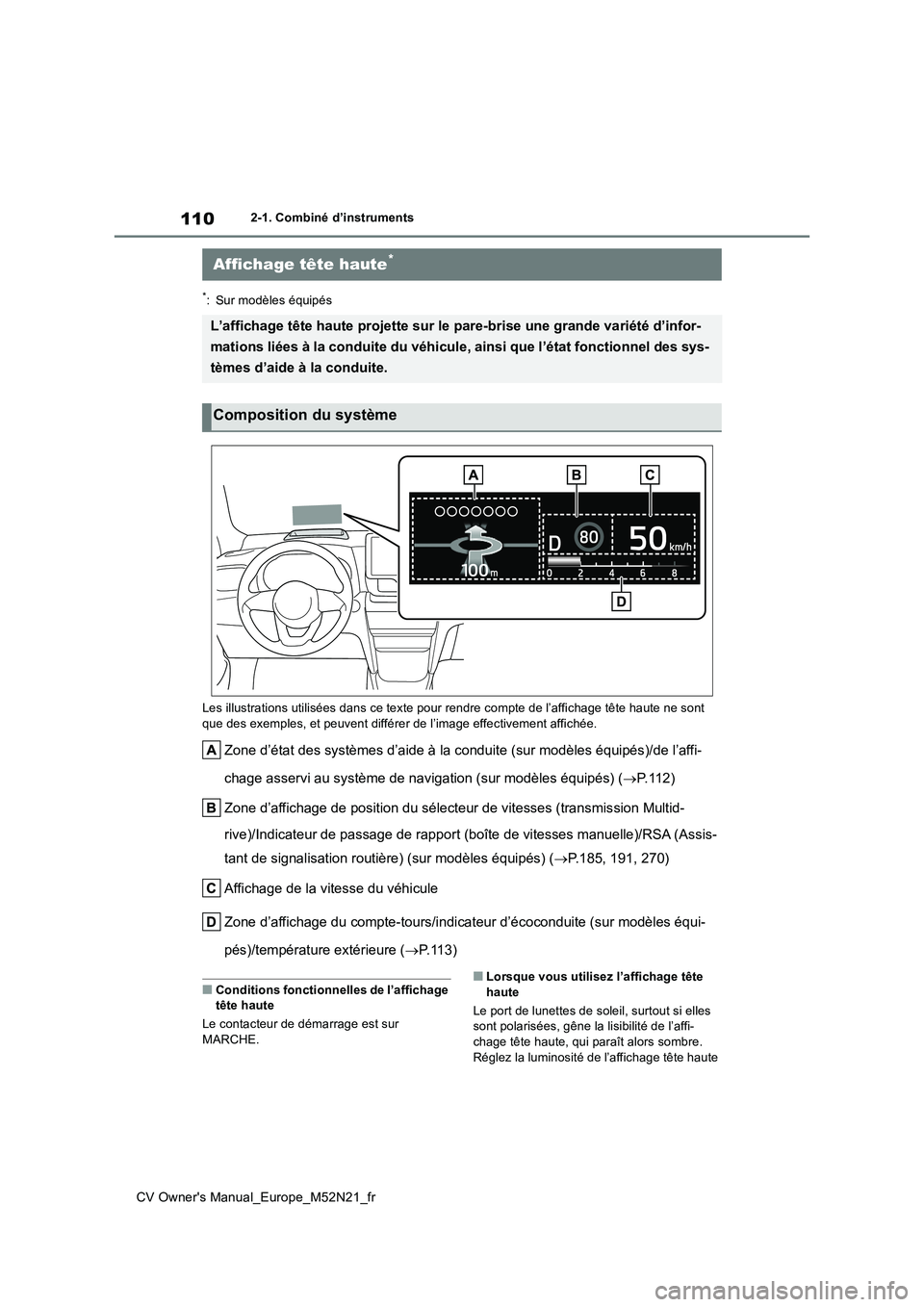 TOYOTA YARIS CROSS 2022  Manuel du propriétaire (in French) 110
CV Owner's Manual_Europe_M52N21_fr
2-1. Combiné d’instruments
*: Sur modèles équipés 
Les illustrations utilisées dans c e texte pour rendre compte de l’affichage tête haute ne sont 