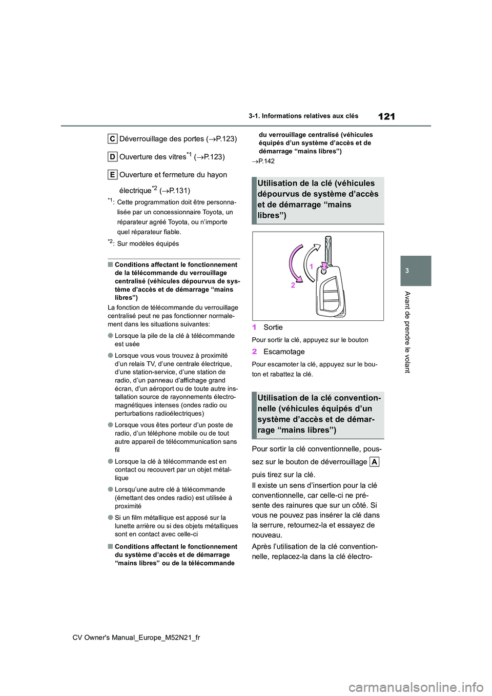 TOYOTA YARIS CROSS 2022 Manuel du propriétaire (in French) 121
3
CV Owner's Manual_Europe_M52N21_fr
3-1. Informations relatives aux clés
Avant de prendre le volant
Déverrouillage des portes (P.123)
Ouverture des vitres*1 ( P.123)
Ouverture et fe TOYOTA YARIS CROSS 2022 Manuel du propriétaire (in French) 121
3
CV Owner's Manual_Europe_M52N21_fr
3-1. Informations relatives aux clés
Avant de prendre le volant
Déverrouillage des portes (P.123)
Ouverture des vitres*1 ( P.123)
Ouverture et fe