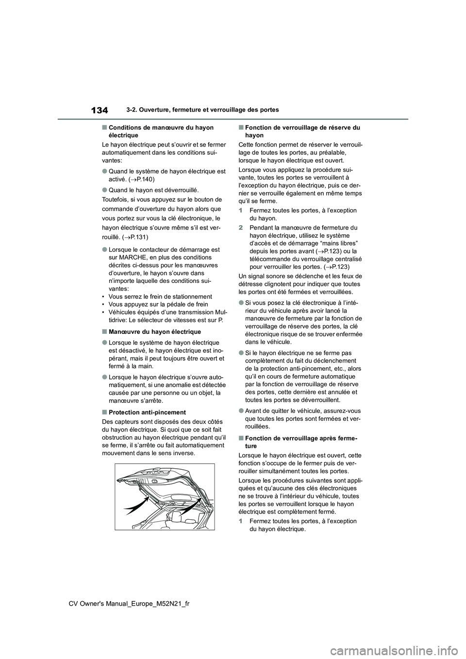 TOYOTA YARIS CROSS 2022  Manuel du propriétaire (in French) 134
CV Owner's Manual_Europe_M52N21_fr
3-2. Ouverture, fermeture et verrouillage des portes
■Conditions de manœuvre du hayon  électrique 
Le hayon électrique peut s’ouvrir et se fermer  aut