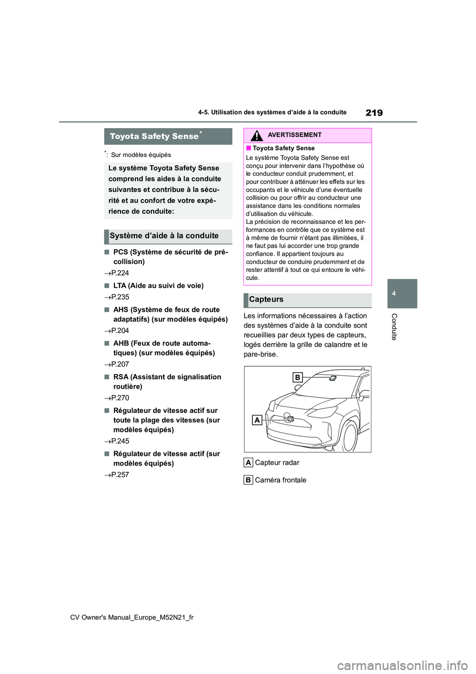 TOYOTA YARIS CROSS 2022 Manuel du propriétaire (in French) 219
4
CV Owner's Manual_Europe_M52N21_fr
4-5. Utilisation des systèmes d’aide à la conduite
Conduite
4-5.Utilis ation des s ystèmes d’aide à la con duite
*: Sur modèles équipés
■PCS TOYOTA YARIS CROSS 2022 Manuel du propriétaire (in French) 219
4
CV Owner's Manual_Europe_M52N21_fr
4-5. Utilisation des systèmes d’aide à la conduite
Conduite
4-5.Utilis ation des s ystèmes d’aide à la con duite
*: Sur modèles équipés
■PCS
