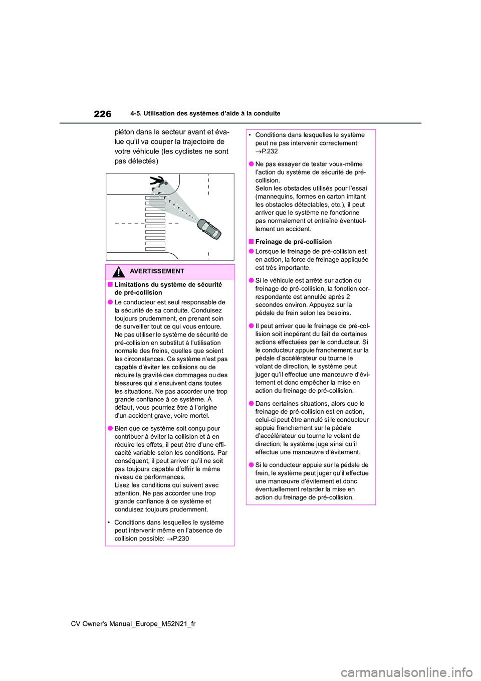 TOYOTA YARIS CROSS 2022 Manuel du propriétaire (in French) 226
CV Owner's Manual_Europe_M52N21_fr
4-5. Utilisation des systèmes d’aide à la conduite
piéton dans le secteur avant et éva-
lue qu’il va couper la trajectoire de
votre véhicule (les TOYOTA YARIS CROSS 2022 Manuel du propriétaire (in French) 226
CV Owner's Manual_Europe_M52N21_fr
4-5. Utilisation des systèmes d’aide à la conduite
piéton dans le secteur avant et éva-
lue qu’il va couper la trajectoire de
votre véhicule (les