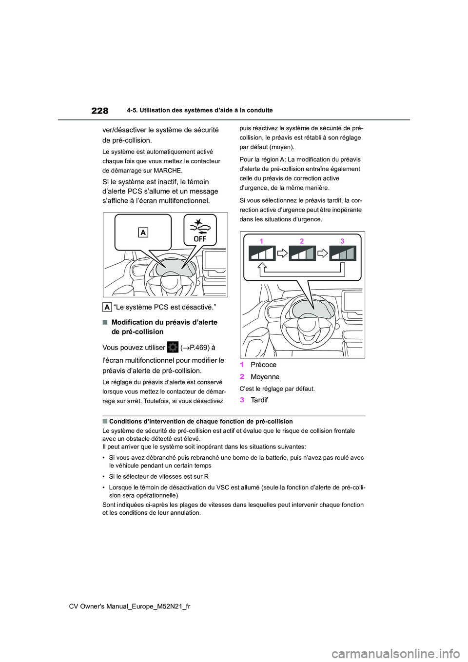 TOYOTA YARIS CROSS 2022 Manuel du propriétaire (in French) 228
CV Owner's Manual_Europe_M52N21_fr
4-5. Utilisation des systèmes d’aide à la conduite
ver/désactiver le système de sécurité
de pré-collision.
Le système est automatiquement activé TOYOTA YARIS CROSS 2022 Manuel du propriétaire (in French) 228
CV Owner's Manual_Europe_M52N21_fr
4-5. Utilisation des systèmes d’aide à la conduite
ver/désactiver le système de sécurité
de pré-collision.
Le système est automatiquement activé