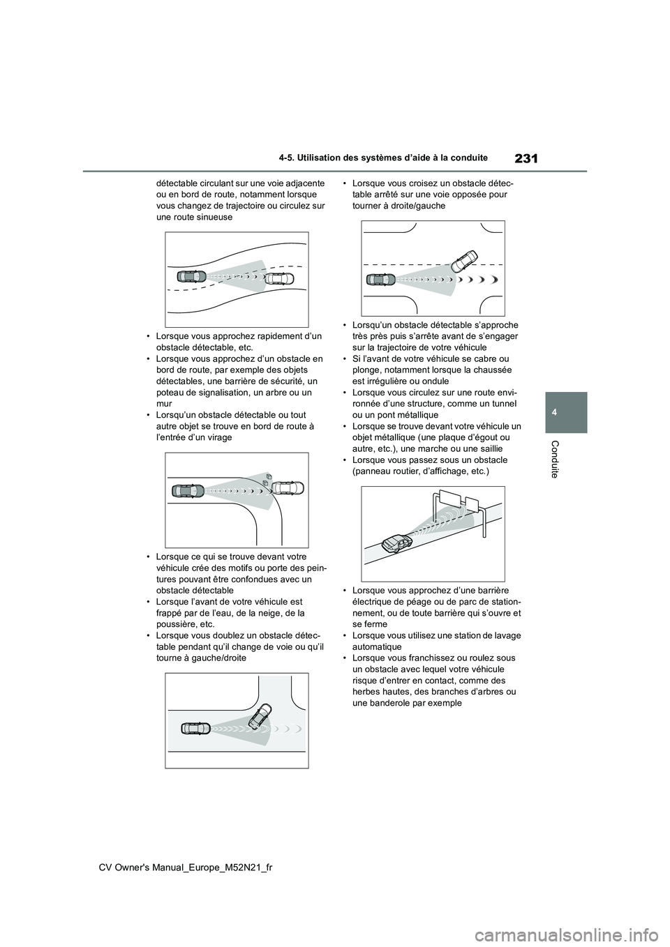 TOYOTA YARIS CROSS 2022  Manuel du propriétaire (in French) 231
4
CV Owner's Manual_Europe_M52N21_fr
4-5. Utilisation des systèmes d’aide à la conduite
Conduite
détectable circulant sur une voie adjacente  ou en bord de route, notamment lorsque vous c