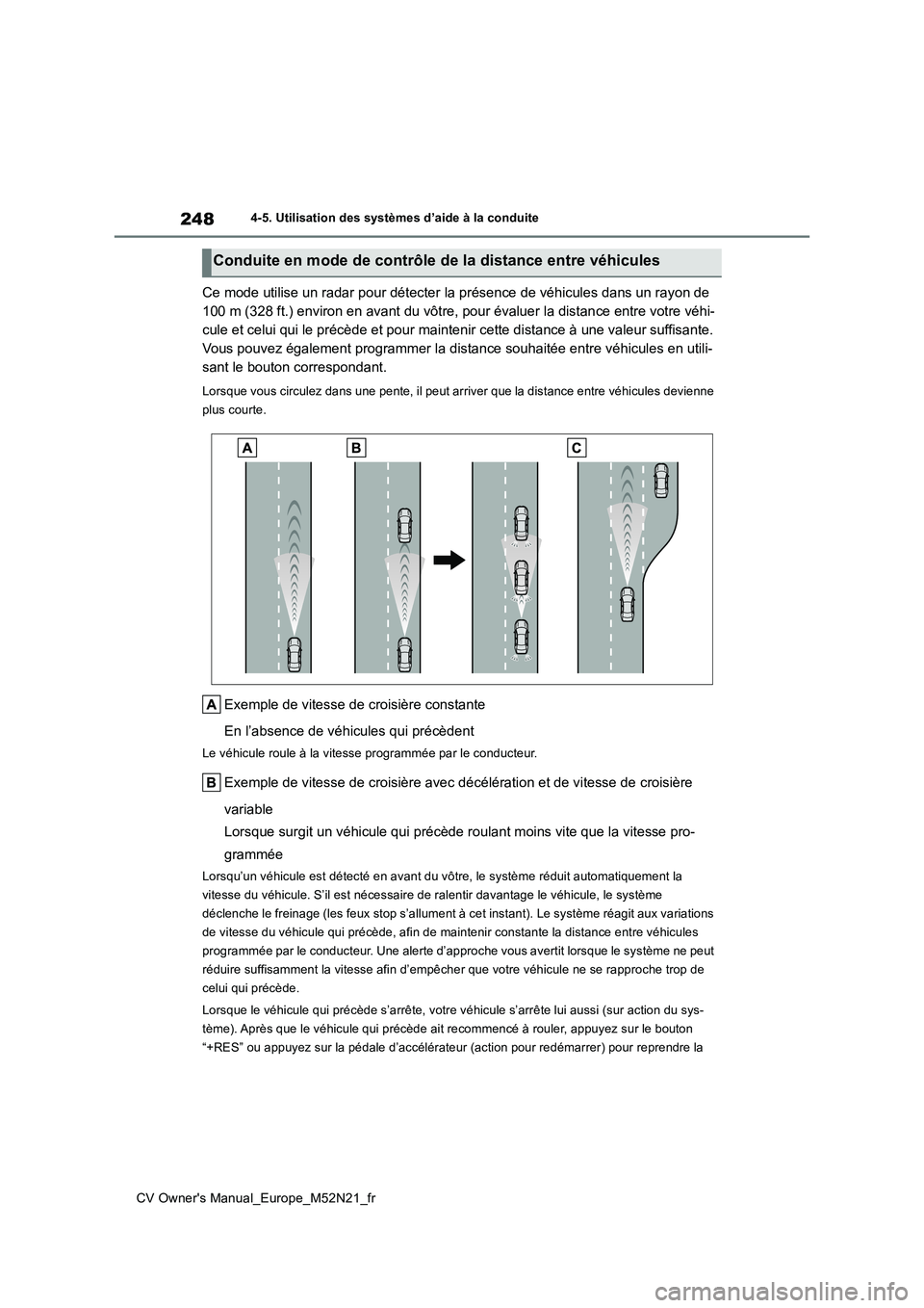 TOYOTA YARIS CROSS 2022  Manuel du propriétaire (in French) 248
CV Owner's Manual_Europe_M52N21_fr
4-5. Utilisation des systèmes d’aide à la conduite
Ce mode utilise un radar pour détecter la présence de véhicules dans un rayon de  
100 m (328 ft.) 