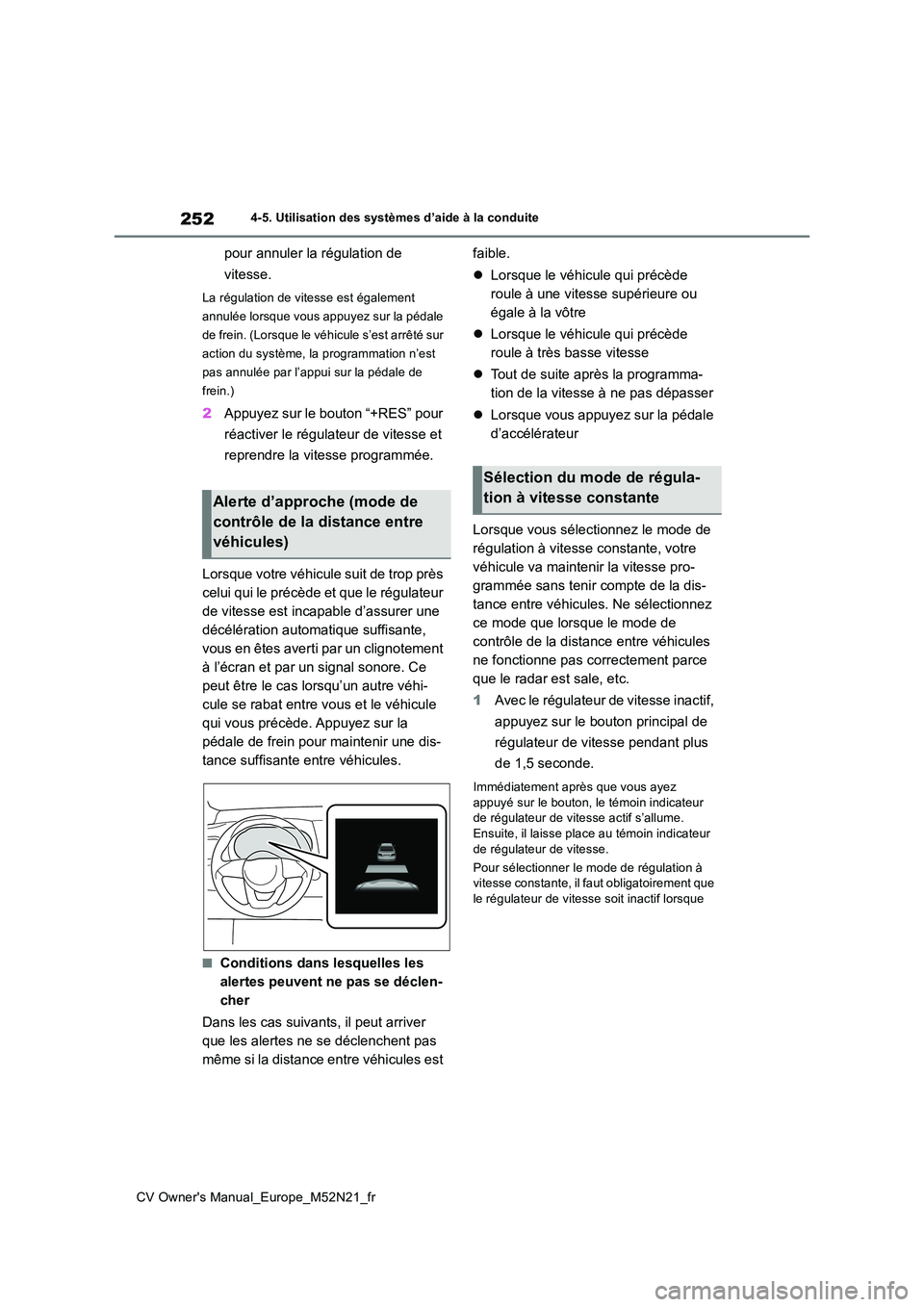 TOYOTA YARIS CROSS 2022  Manuel du propriétaire (in French) 252
CV Owner's Manual_Europe_M52N21_fr
4-5. Utilisation des systèmes d’aide à la conduite
pour annuler la régulation de  
vitesse.
La régulation de vitesse est également  
annulée lorsque 