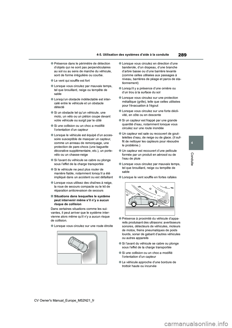 TOYOTA YARIS CROSS 2022 Manuel du propriétaire (in French) 289
4
CV Owner's Manual_Europe_M52N21_fr
4-5. Utilisation des systèmes d’aide à la conduite
Conduite
●Présence dans le périmètre de détection d’objets qui ne sont pas perpendiculaires TOYOTA YARIS CROSS 2022 Manuel du propriétaire (in French) 289
4
CV Owner's Manual_Europe_M52N21_fr
4-5. Utilisation des systèmes d’aide à la conduite
Conduite
●Présence dans le périmètre de détection d’objets qui ne sont pas perpendiculaires