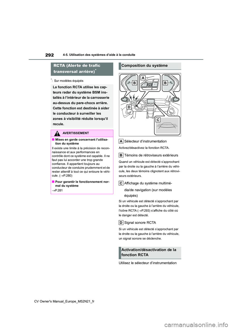 TOYOTA YARIS CROSS 2022  Manuel du propriétaire (in French) 292
CV Owner's Manual_Europe_M52N21_fr
4-5. Utilisation des systèmes d’aide à la conduite
*: Sur modèles équipés
Sélecteur d’instrumentation
Activez/désactivez la fonction RCTA.
Témoin