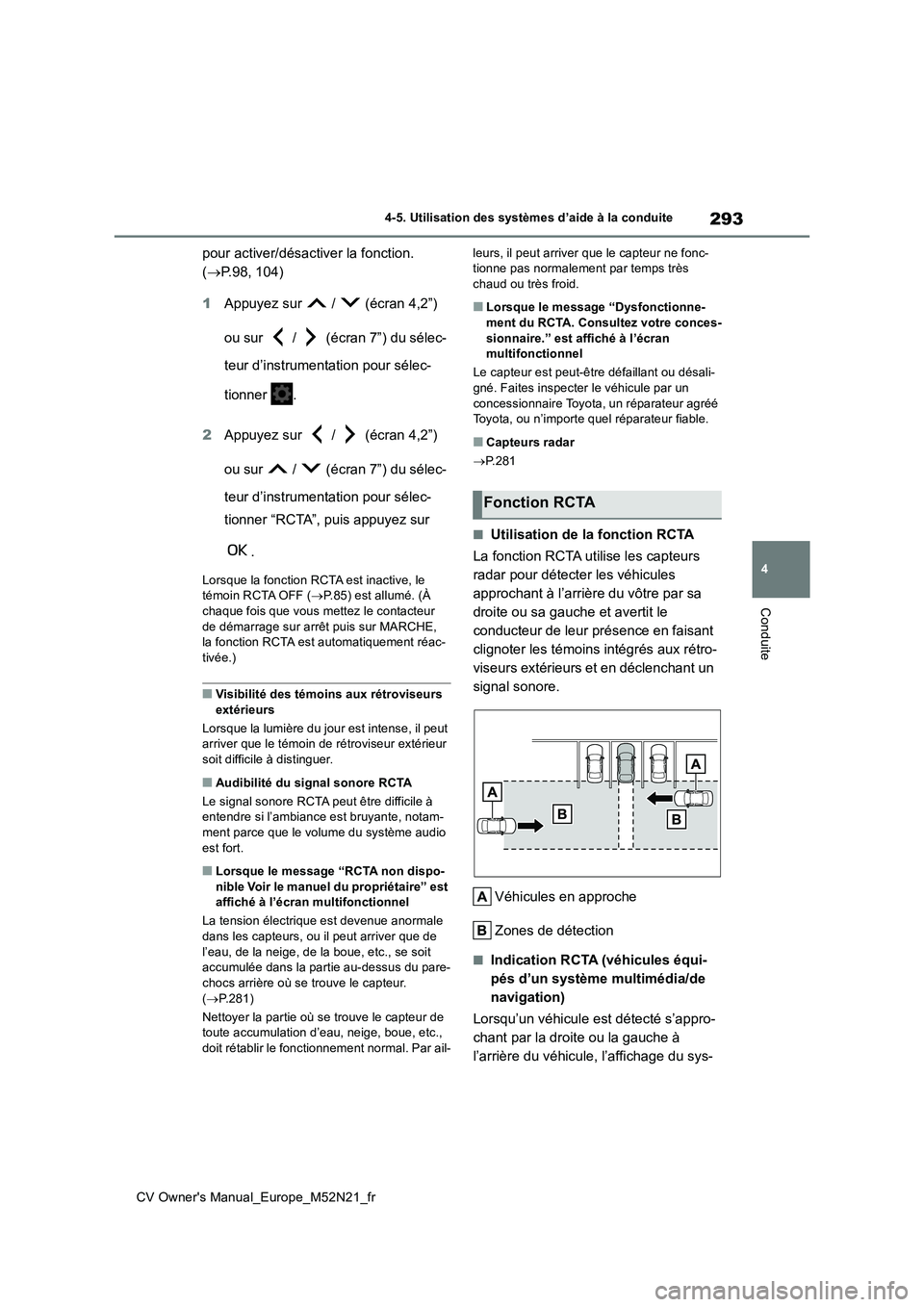 TOYOTA YARIS CROSS 2022  Manuel du propriétaire (in French) 293
4
CV Owner's Manual_Europe_M52N21_fr
4-5. Utilisation des systèmes d’aide à la conduite
Conduite
pour activer/désactiver la fonction.  
( P.98, 104) 
1 Appuyez sur   /   (écran 4,2”