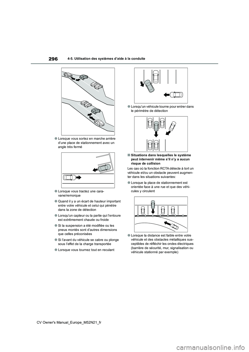 TOYOTA YARIS CROSS 2022 Manuel du propriétaire (in French) 296
CV Owner's Manual_Europe_M52N21_fr
4-5. Utilisation des systèmes d’aide à la conduite
●Lorsque vous sortez en marche arrière
d’une place de stationnement avec un angle très fermé TOYOTA YARIS CROSS 2022 Manuel du propriétaire (in French) 296
CV Owner's Manual_Europe_M52N21_fr
4-5. Utilisation des systèmes d’aide à la conduite
●Lorsque vous sortez en marche arrière
d’une place de stationnement avec un angle très fermé