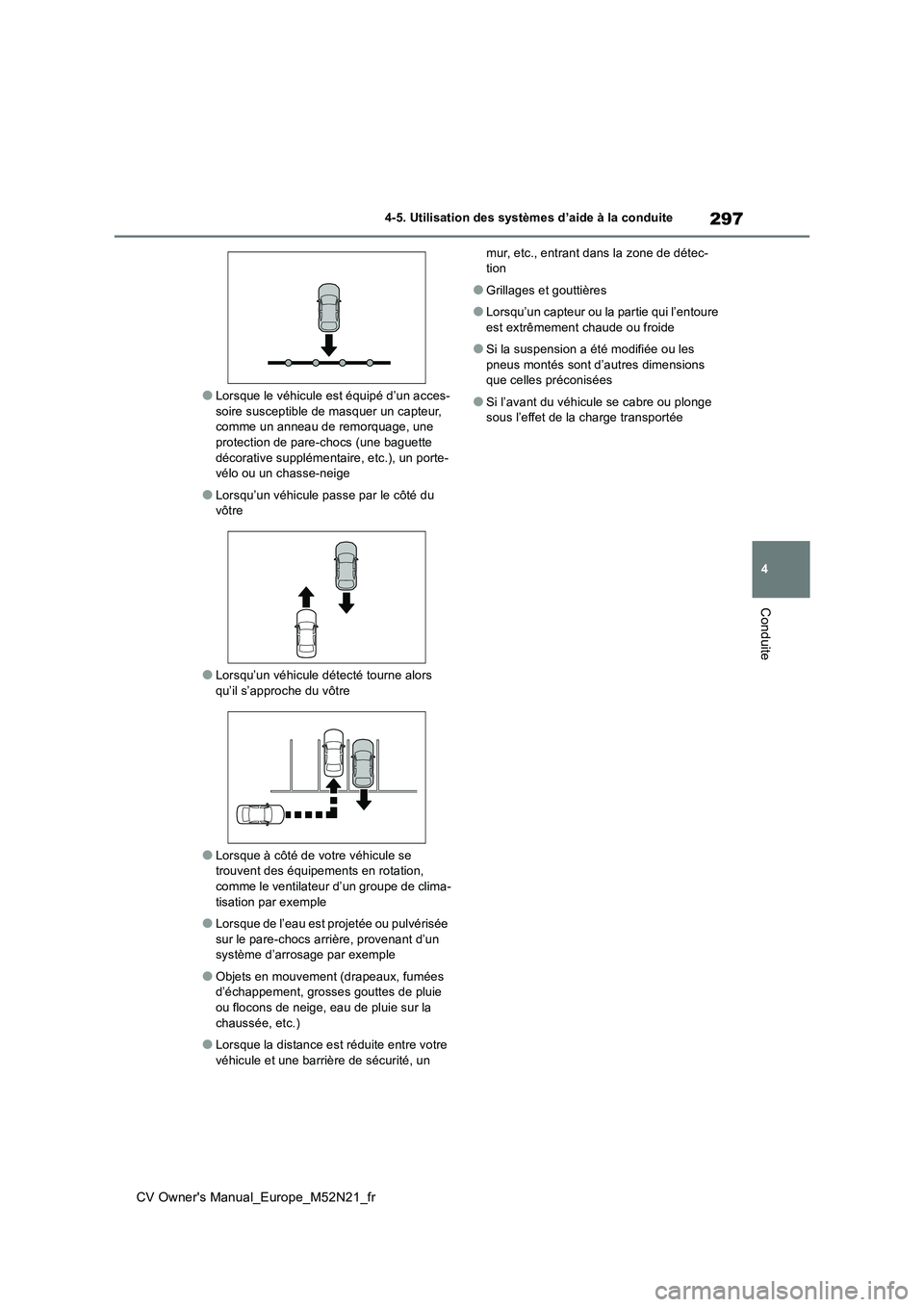 TOYOTA YARIS CROSS 2022 Manuel du propriétaire (in French) 297
4
CV Owner's Manual_Europe_M52N21_fr
4-5. Utilisation des systèmes d’aide à la conduite
Conduite
●Lorsque le véhicule est équipé d’un acces- soire susceptible de masquer un capteur, TOYOTA YARIS CROSS 2022 Manuel du propriétaire (in French) 297
4
CV Owner's Manual_Europe_M52N21_fr
4-5. Utilisation des systèmes d’aide à la conduite
Conduite
●Lorsque le véhicule est équipé d’un acces- soire susceptible de masquer un capteur,