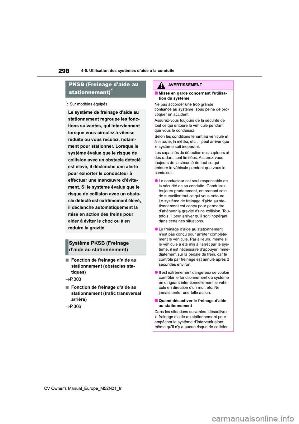 TOYOTA YARIS CROSS 2022 Manuel du propriétaire (in French) 298
CV Owner's Manual_Europe_M52N21_fr
4-5. Utilisation des systèmes d’aide à la conduite
*: Sur modèles équipés
■Fonction de freinage d’aide au
stationnement (obstacles sta-
tiques) TOYOTA YARIS CROSS 2022 Manuel du propriétaire (in French) 298
CV Owner's Manual_Europe_M52N21_fr
4-5. Utilisation des systèmes d’aide à la conduite
*: Sur modèles équipés
■Fonction de freinage d’aide au
stationnement (obstacles sta-
tiques)