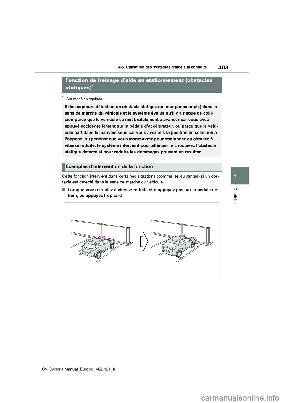TOYOTA YARIS CROSS 2022 Manuel du propriétaire (in French) 303
4
CV Owner's Manual_Europe_M52N21_fr
4-5. Utilisation des systèmes d’aide à la conduite
Conduite
*: Sur modèles équipés
Cette fonction intervient dans certaines situations (comme les su TOYOTA YARIS CROSS 2022 Manuel du propriétaire (in French) 303
4
CV Owner's Manual_Europe_M52N21_fr
4-5. Utilisation des systèmes d’aide à la conduite
Conduite
*: Sur modèles équipés
Cette fonction intervient dans certaines situations (comme les su