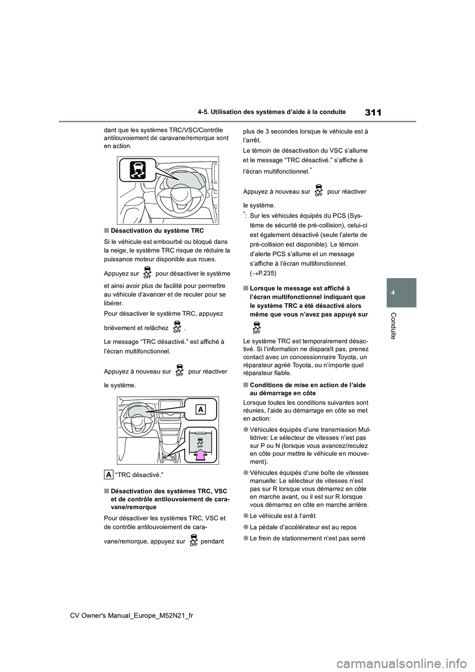 TOYOTA YARIS CROSS 2022 Manuel du propriétaire (in French) 311
4
CV Owner's Manual_Europe_M52N21_fr
4-5. Utilisation des systèmes d’aide à la conduite
Conduite
dant que les systèmes TRC/VSC/Contrôle antilouvoiement de caravane/remorque sont en acti TOYOTA YARIS CROSS 2022 Manuel du propriétaire (in French) 311
4
CV Owner's Manual_Europe_M52N21_fr
4-5. Utilisation des systèmes d’aide à la conduite
Conduite
dant que les systèmes TRC/VSC/Contrôle antilouvoiement de caravane/remorque sont en acti