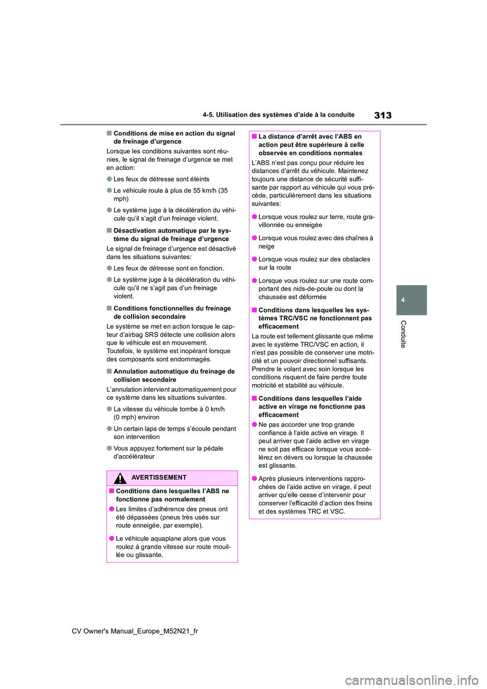 TOYOTA YARIS CROSS 2022 Manuel du propriétaire (in French) 313
4
CV Owner's Manual_Europe_M52N21_fr
4-5. Utilisation des systèmes d’aide à la conduite
Conduite
■Conditions de mise en action du signal de freinage d’urgence
Lorsque les conditions TOYOTA YARIS CROSS 2022 Manuel du propriétaire (in French) 313
4
CV Owner's Manual_Europe_M52N21_fr
4-5. Utilisation des systèmes d’aide à la conduite
Conduite
■Conditions de mise en action du signal de freinage d’urgence
Lorsque les conditions