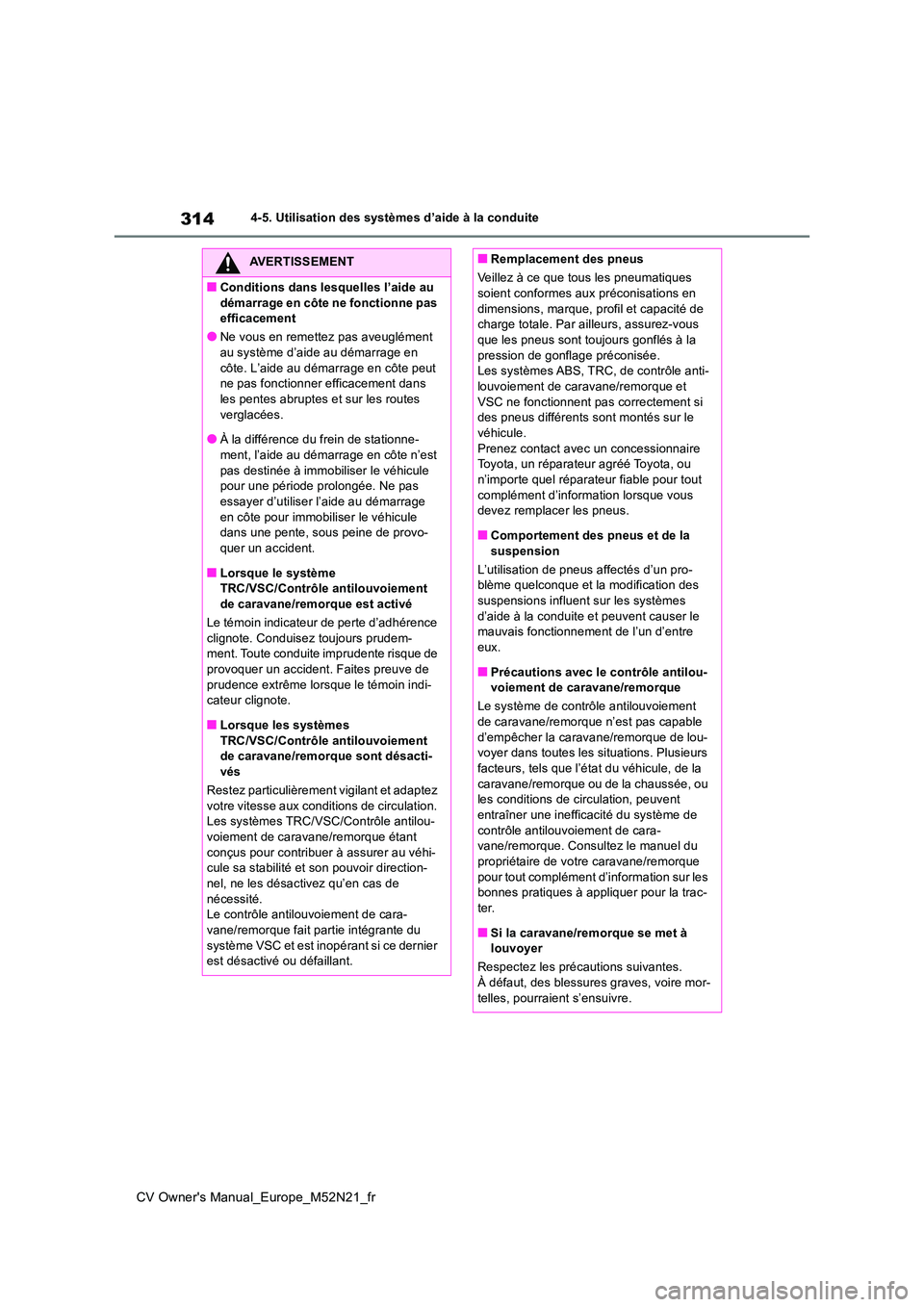 TOYOTA YARIS CROSS 2022 Manuel du propriétaire (in French) 314
CV Owner's Manual_Europe_M52N21_fr
4-5. Utilisation des systèmes d’aide à la conduite
AVERTISSEMENT
■Conditions dans lesquelles l’aide au
démarrage en côte ne fonctionne pas effic TOYOTA YARIS CROSS 2022 Manuel du propriétaire (in French) 314
CV Owner's Manual_Europe_M52N21_fr
4-5. Utilisation des systèmes d’aide à la conduite
AVERTISSEMENT
■Conditions dans lesquelles l’aide au
démarrage en côte ne fonctionne pas effic