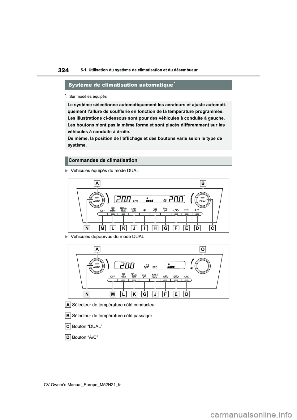 TOYOTA YARIS CROSS 2022  Manuel du propriétaire (in French) 324
CV Owner's Manual_Europe_M52N21_fr
5-1. Utilisation du système de climatisation et du désembueur
*: Sur modèles équipés
Véhicules équipés du mode DUAL
Véhicules dépourvus du mo